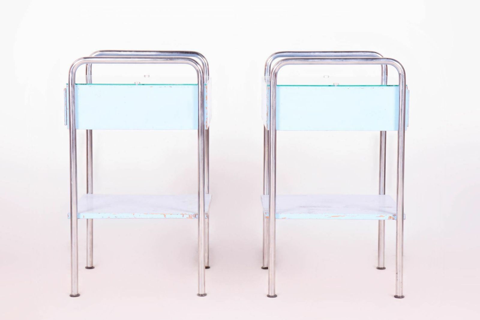 Bauhaus Pair Of Bed Side Tables, Mücke Melder, Plywood, Chrome Plated Steel, Glass, Czechia, 1930s photo buy