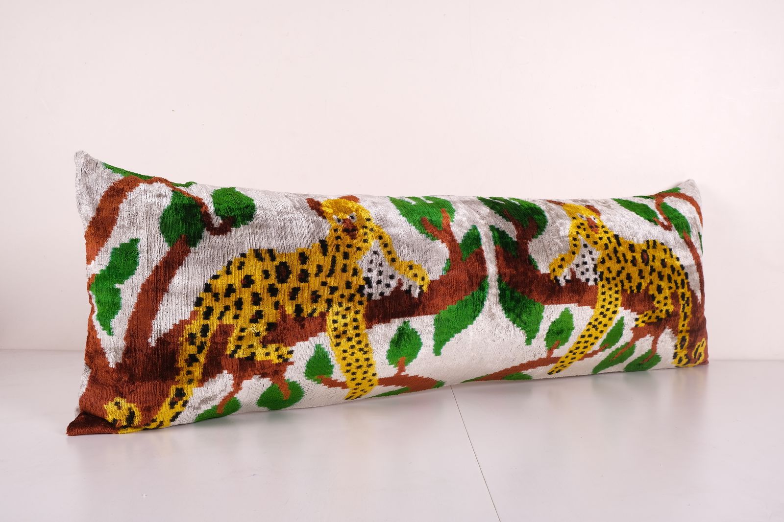 Tiger Design Yellow Extra Long Ikat Velvet Pillow, Animal Printed Lumbar Pillows, Branch Design Bedding Cushion 14'' X 45'' photo furniture