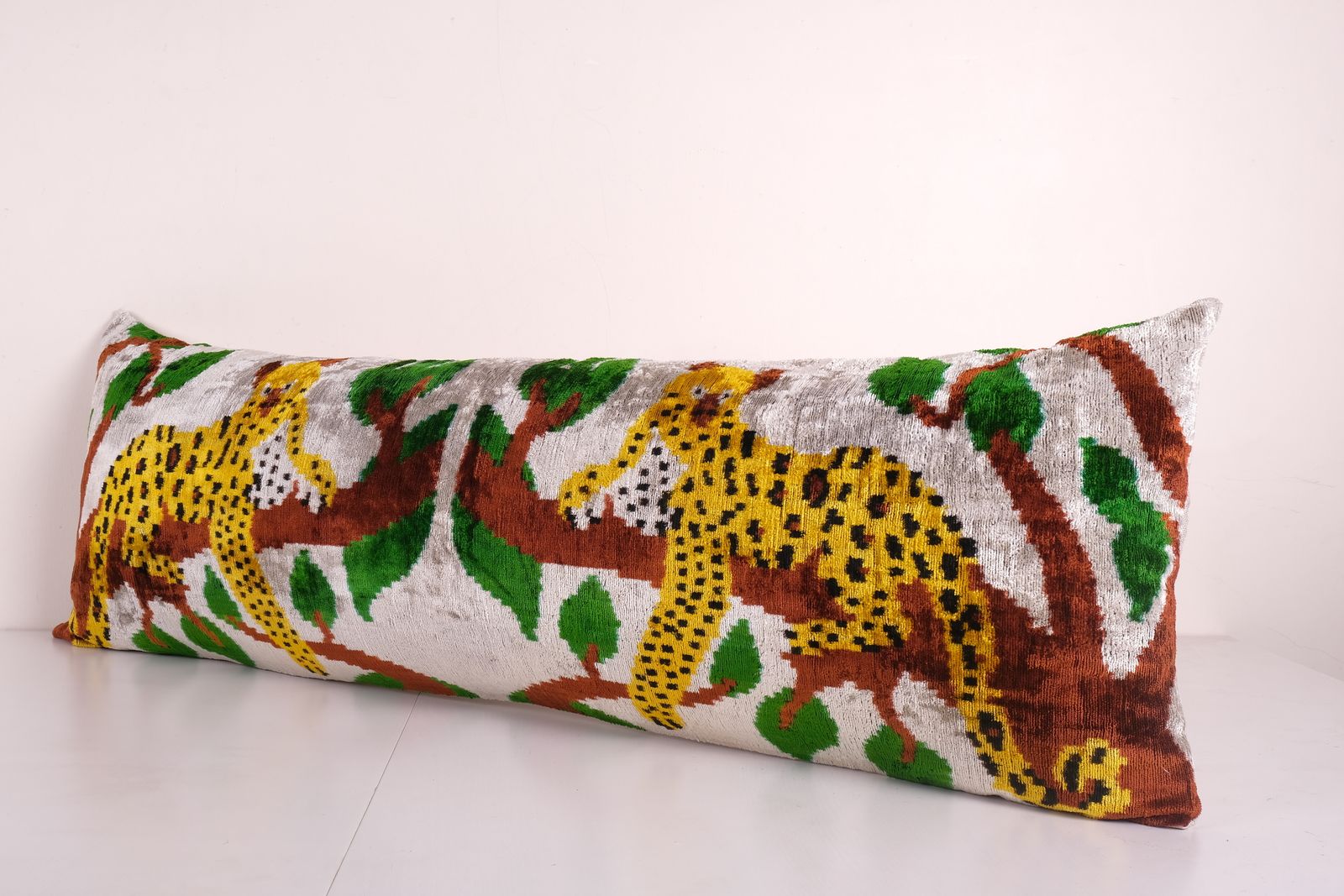 Tiger Design Yellow Extra Long Ikat Velvet Pillow, Animal Printed Lumbar Pillows, Branch Design Bedding Cushion 14'' X 45'' photo for sale