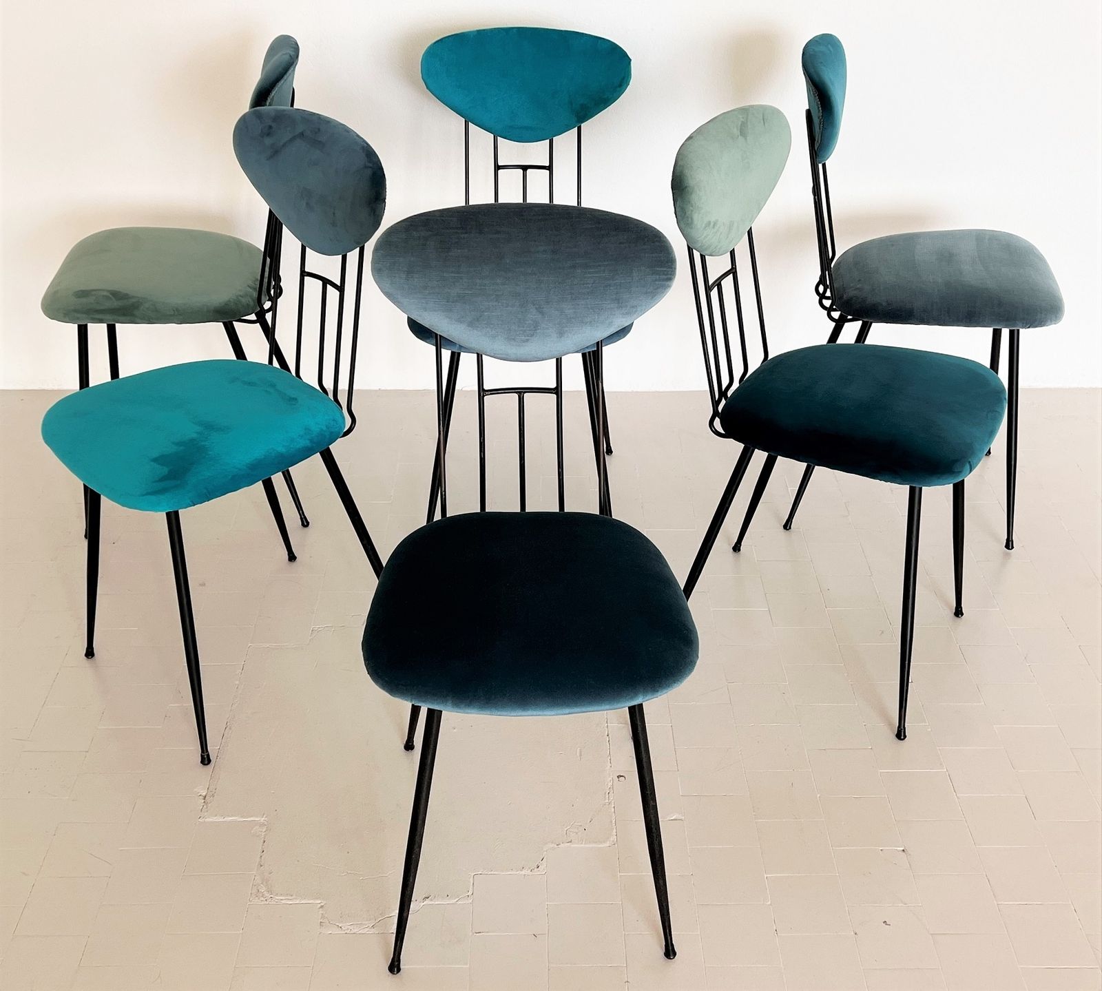 Furniture Italian Midcentury Dining Or Kitchen Chairs Re Upholstered In Velvet, 1960s photo