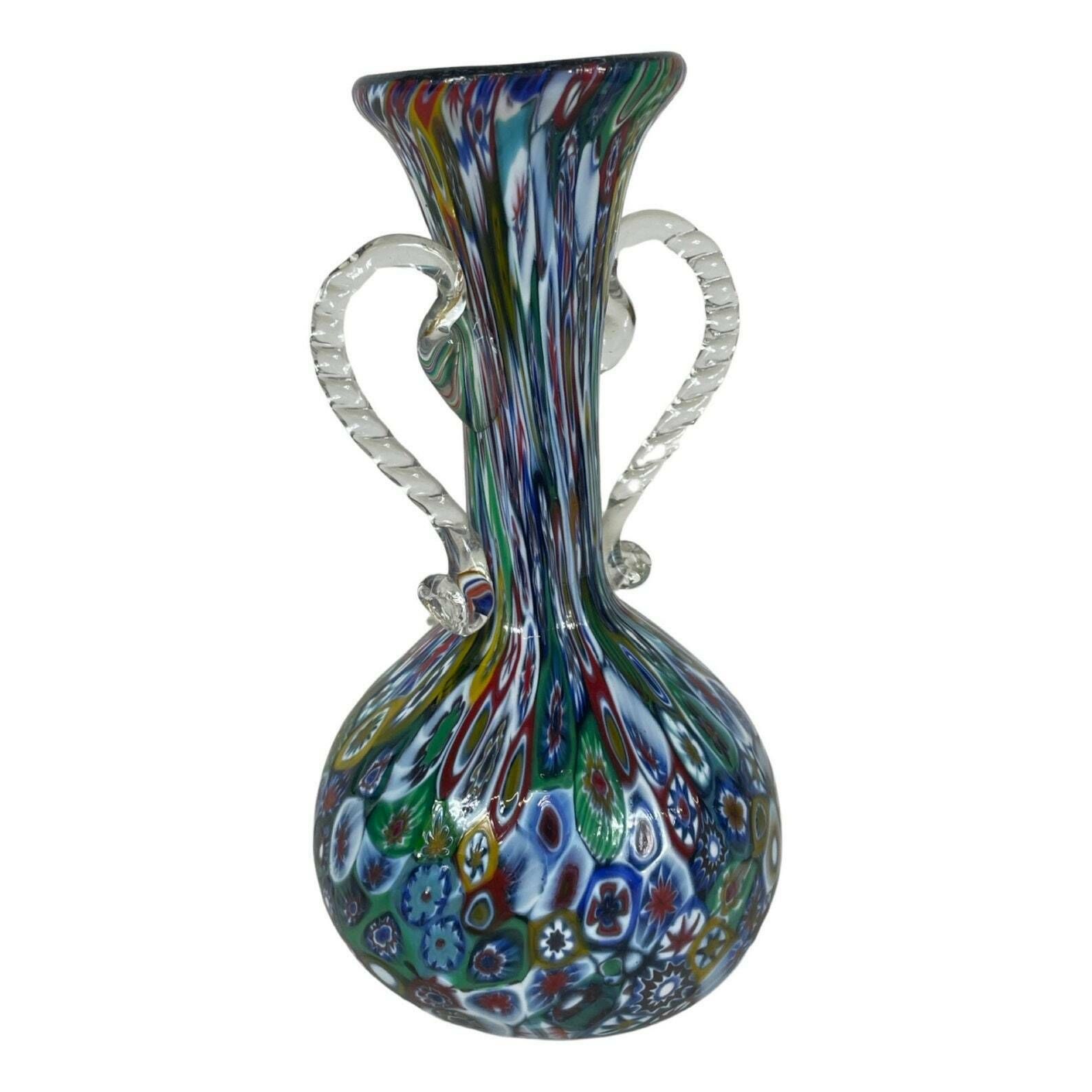 Officine Di Murano 1295   Millefiori Vase With Amphora Style Handles   Multicolored photo Home Decor