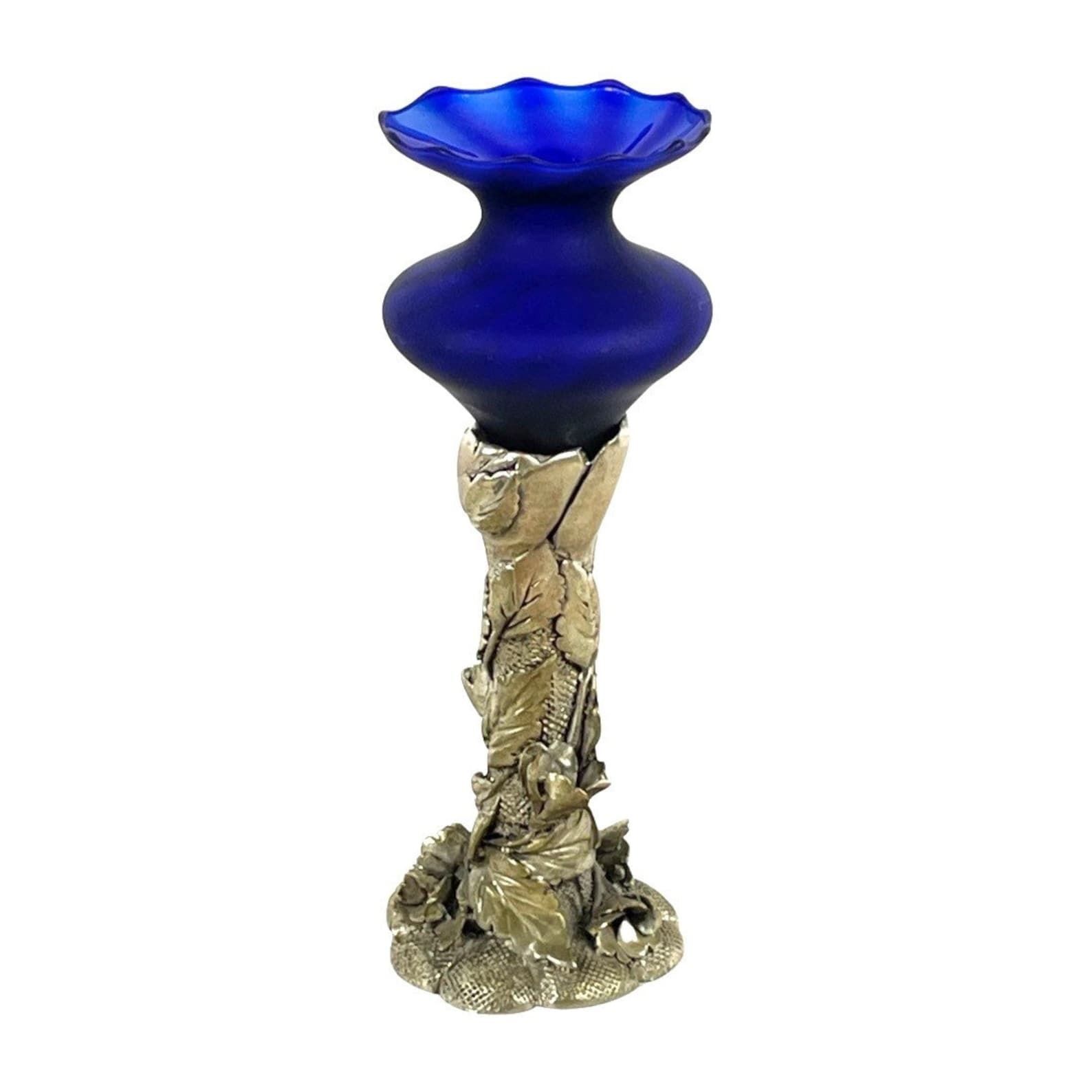 Rodean   Italy   Cobalt Blue Colored Glass Bowl On Silver Base With A Floral Scene   Original Stamp On The Glass   Candle Holder