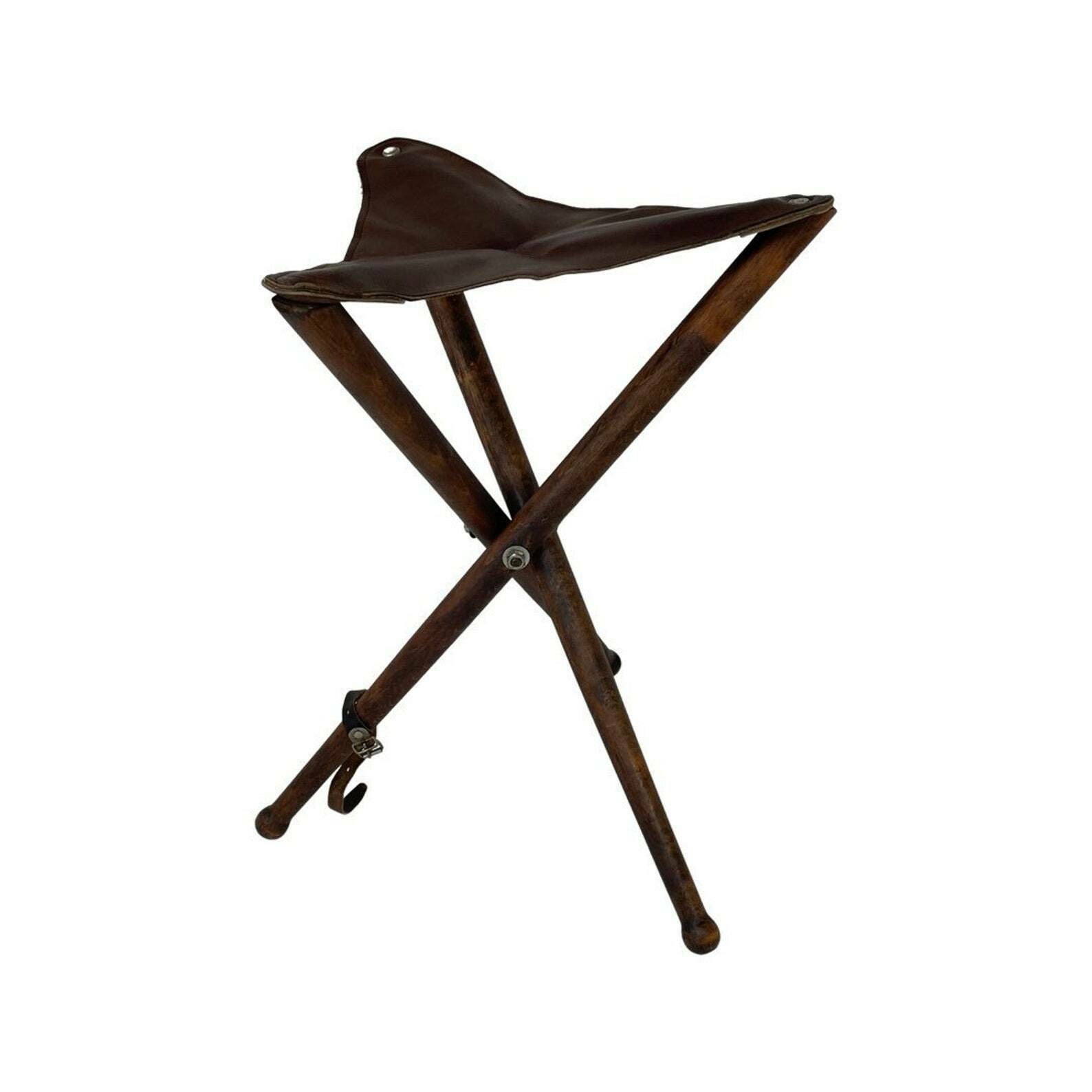 Hunting Chair   Foldable Tripod Stool   Wood And Leather Upholstery   Military Campaign Style   Light Brown photo 245.0