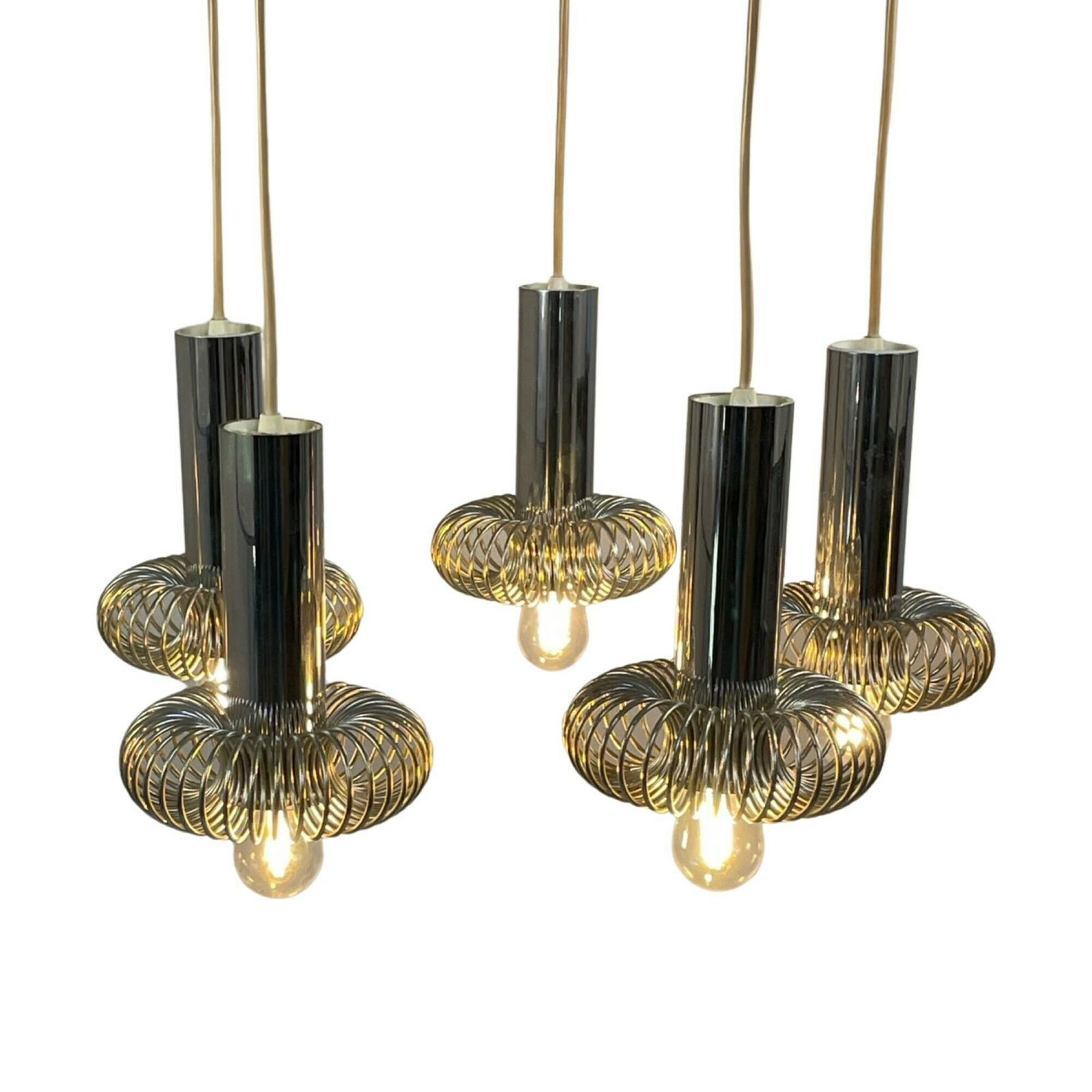 Honsel (Germany)   Chandelier With 5 Chromed Pendants   Including Ceiling Mount  Hanging Pendant   Seventies photo vinterior