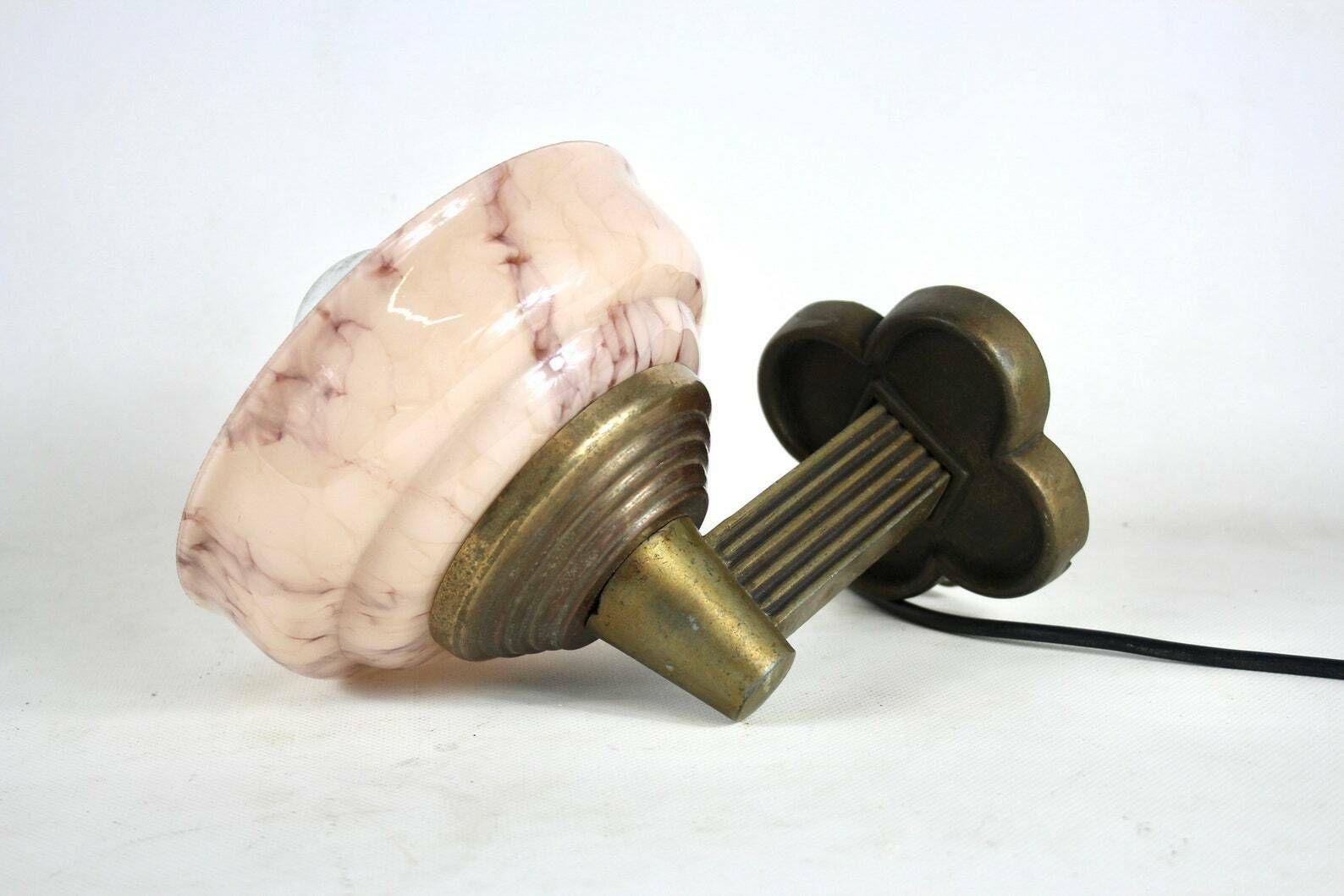 Art Deco   Wall Mounted Lamp With Marble Like Pink Glass   Brass Base