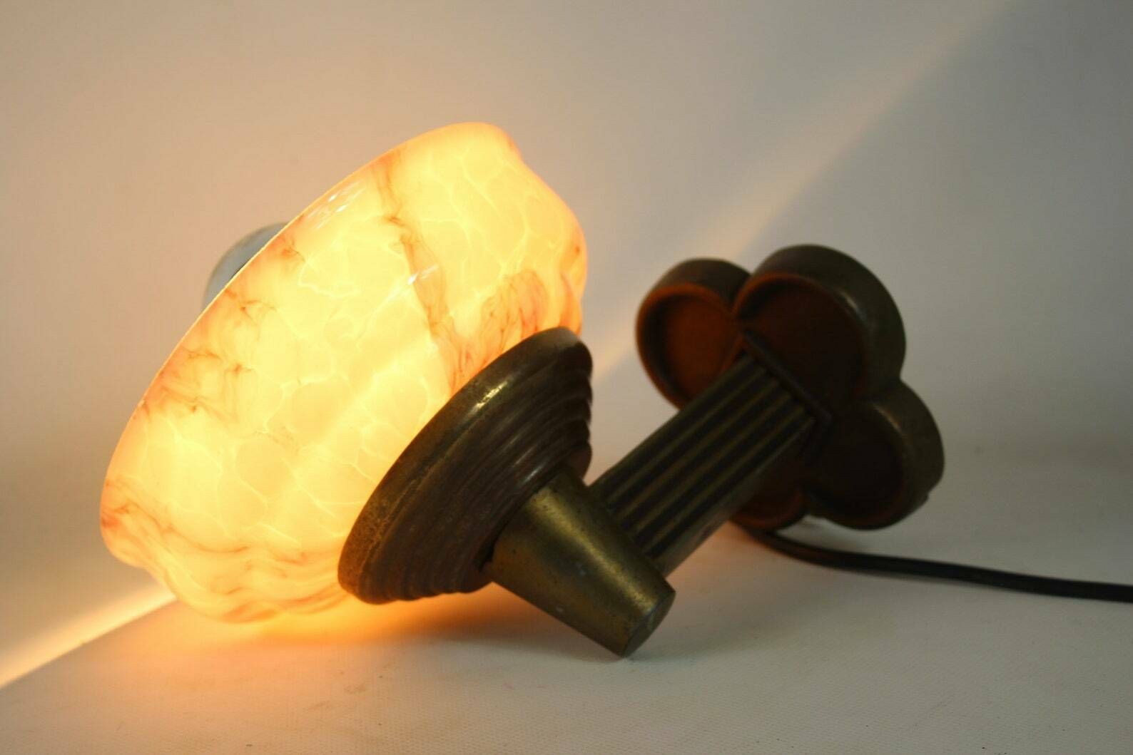 Art Deco   Wall Mounted Lamp With Marble Like Pink Glass   Brass Base photo furniture