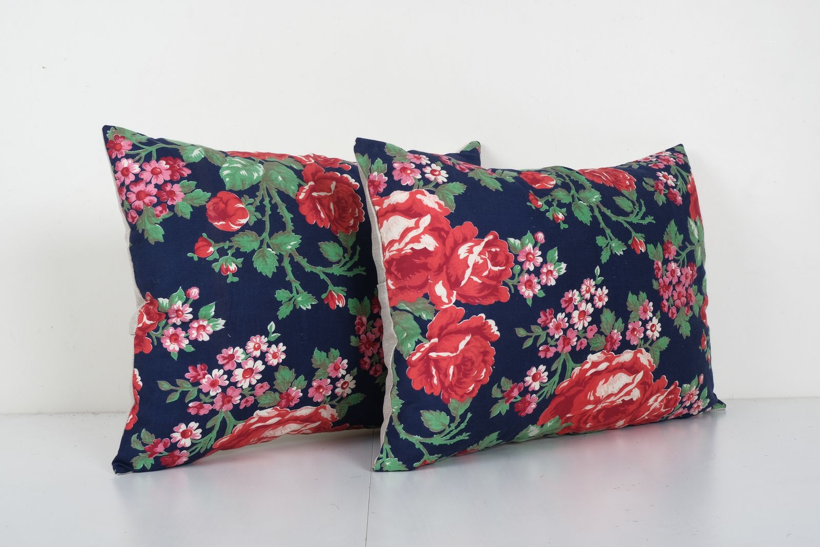 Mid 20th Century Blue Floral Lumbar Pillows, Set Of Two Uzbek Cushion Cover photo Textiles