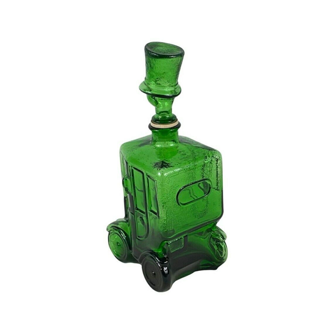 Empoli   Italy, 1960’s   Green Glass   Comical Car Decorative Bottle With Man In Hat As Top photo vinterior