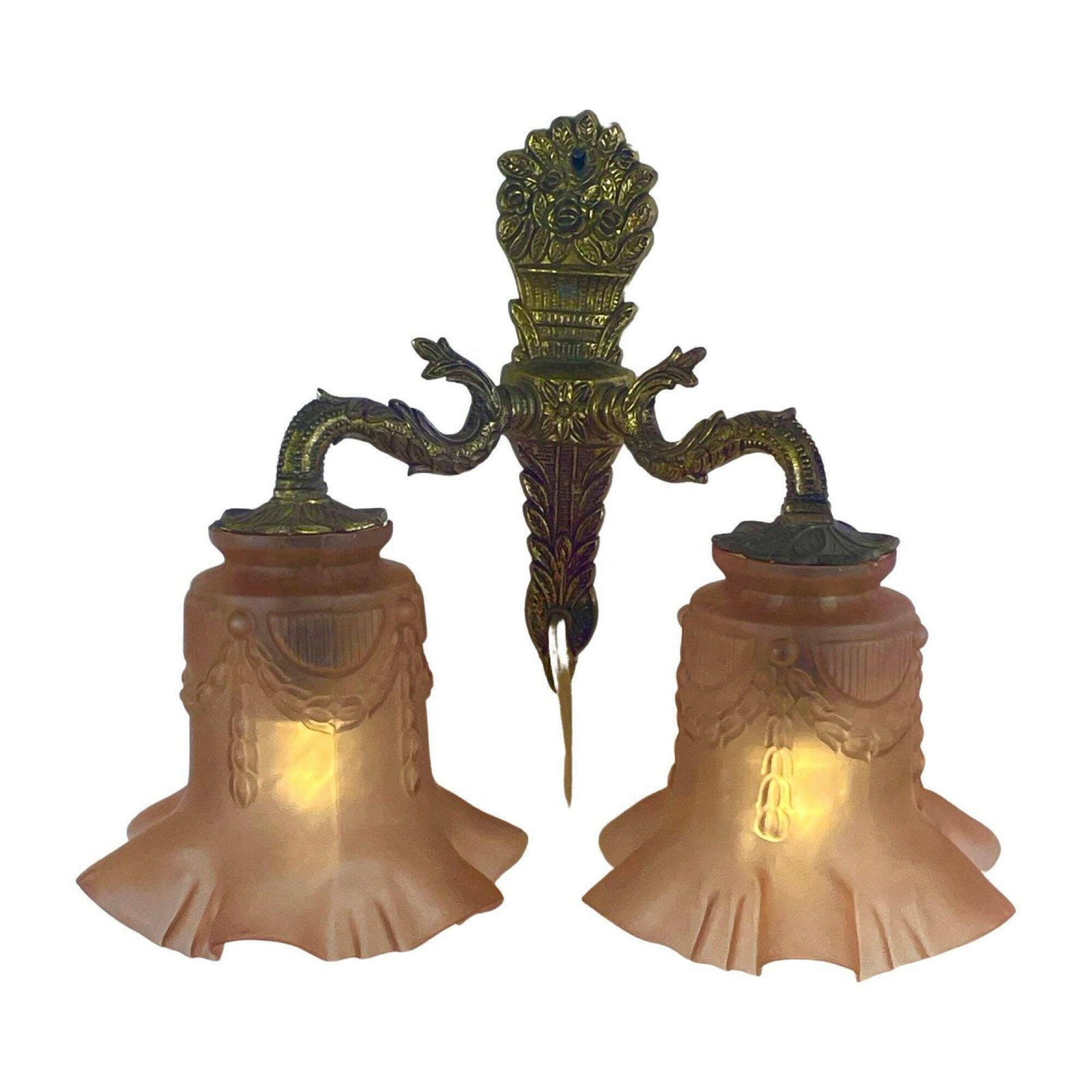 Art Deco   Antique Wall Mounted Lamp   Brass Base And Two Pink Satin Glass Shades With A Skirt Motif