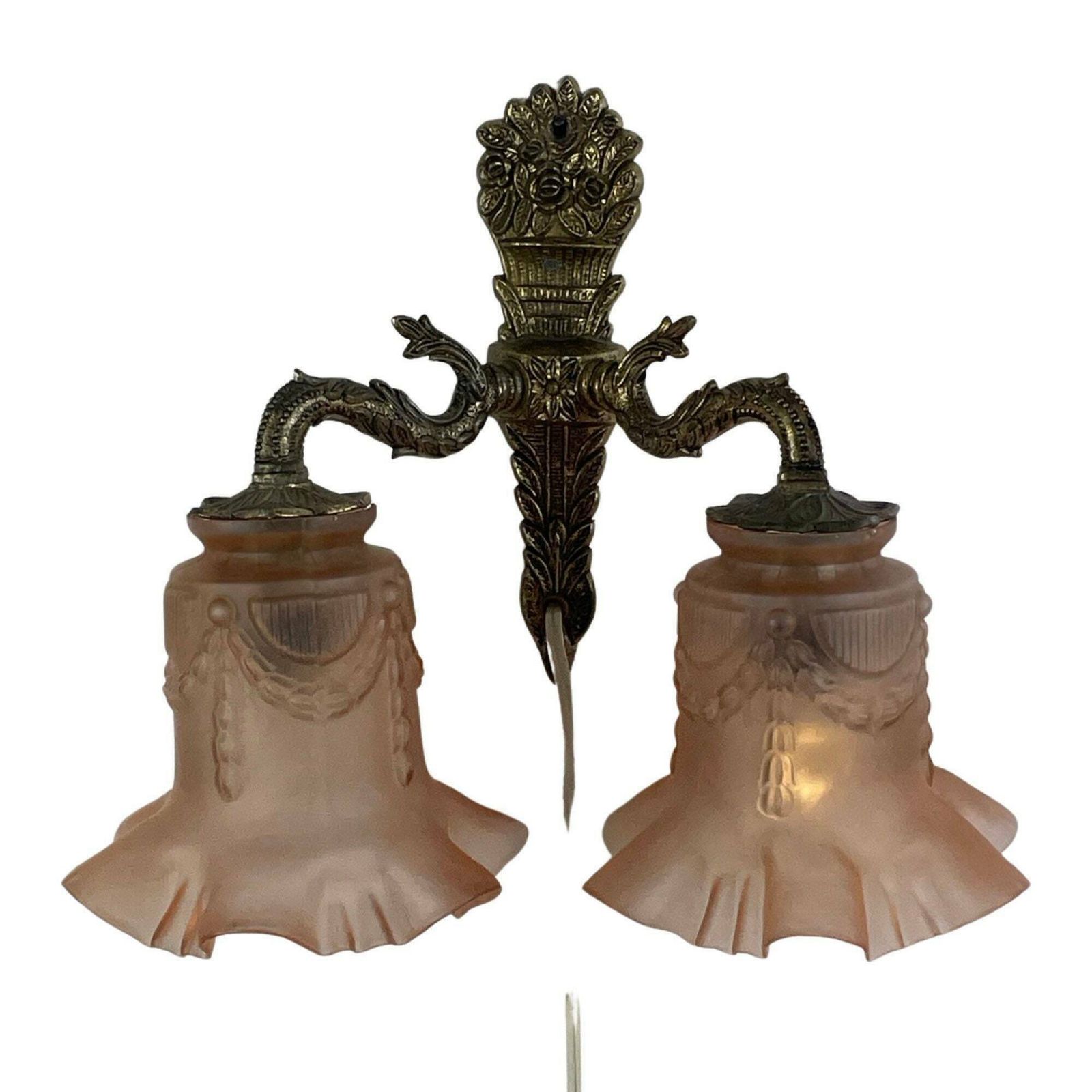 Art Deco   Antique Wall Mounted Lamp   Brass Base And Two Pink Satin Glass Shades With A Skirt Motif photo vintage