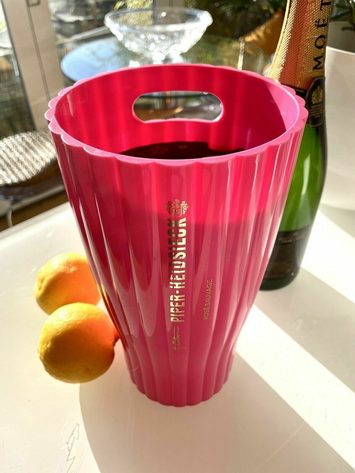 Fluted Acrylic Piper Heidsieck Champagne Ice Bucket Pink Signature Piece Rare photo for sale