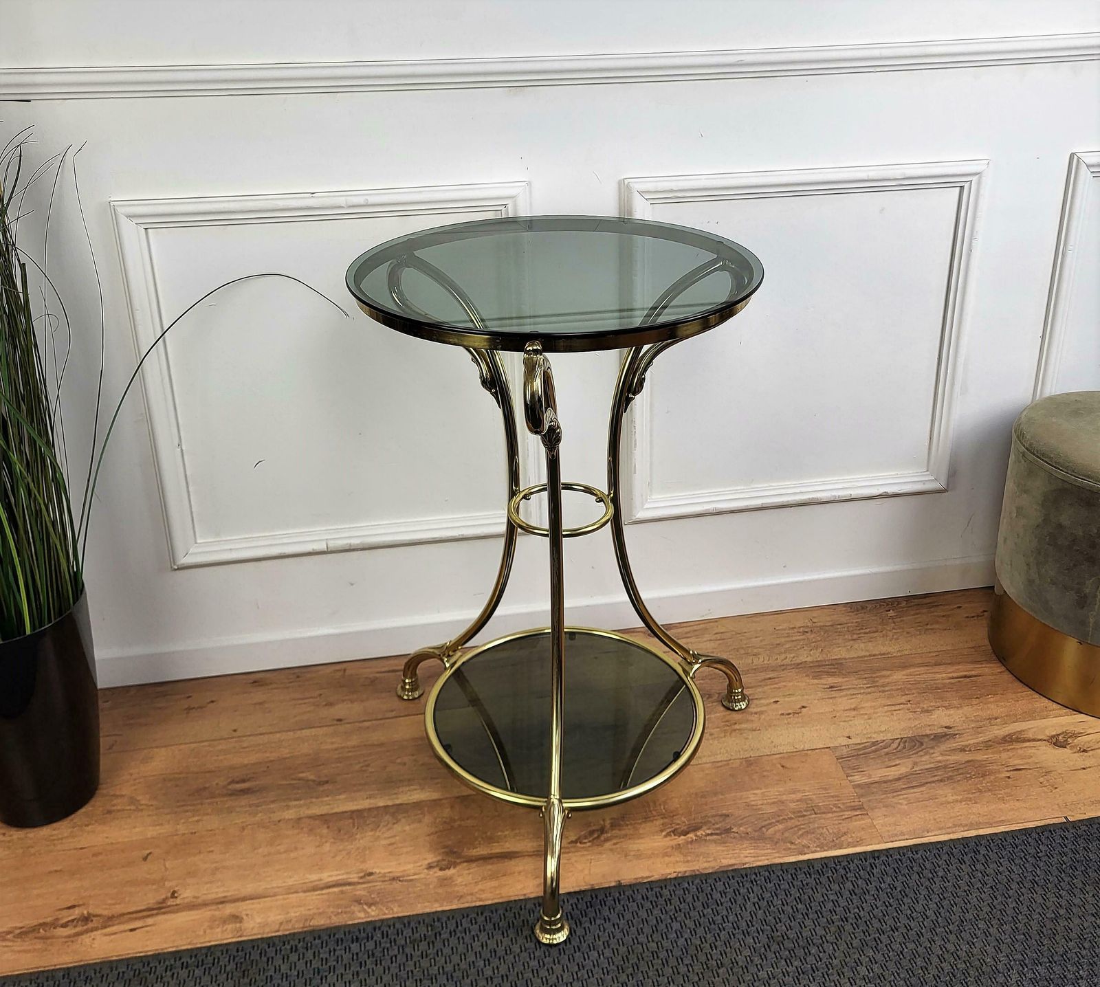 1960s Italian Modern Regency Neoclassical Brass Smoked Glass Gueridon Side Table photo furniture