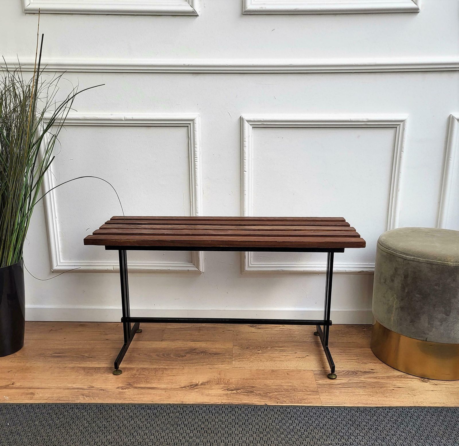 Mid Century Modern Italian Metal Base Brass Feet Wooden Slat Bench photo furniture