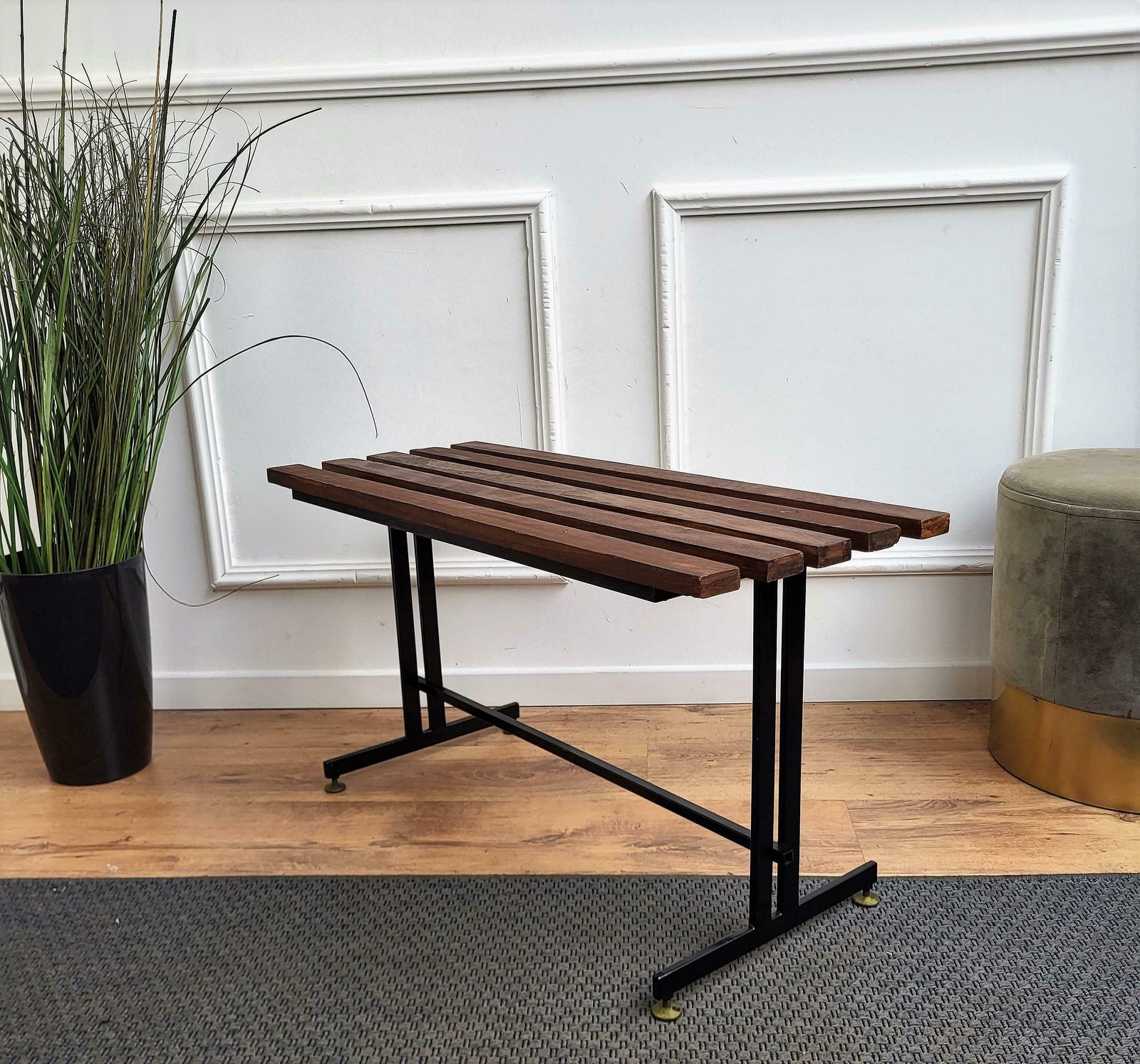 Mid Century Modern Italian Metal Base Brass Feet Wooden Slat Bench photo vinterior