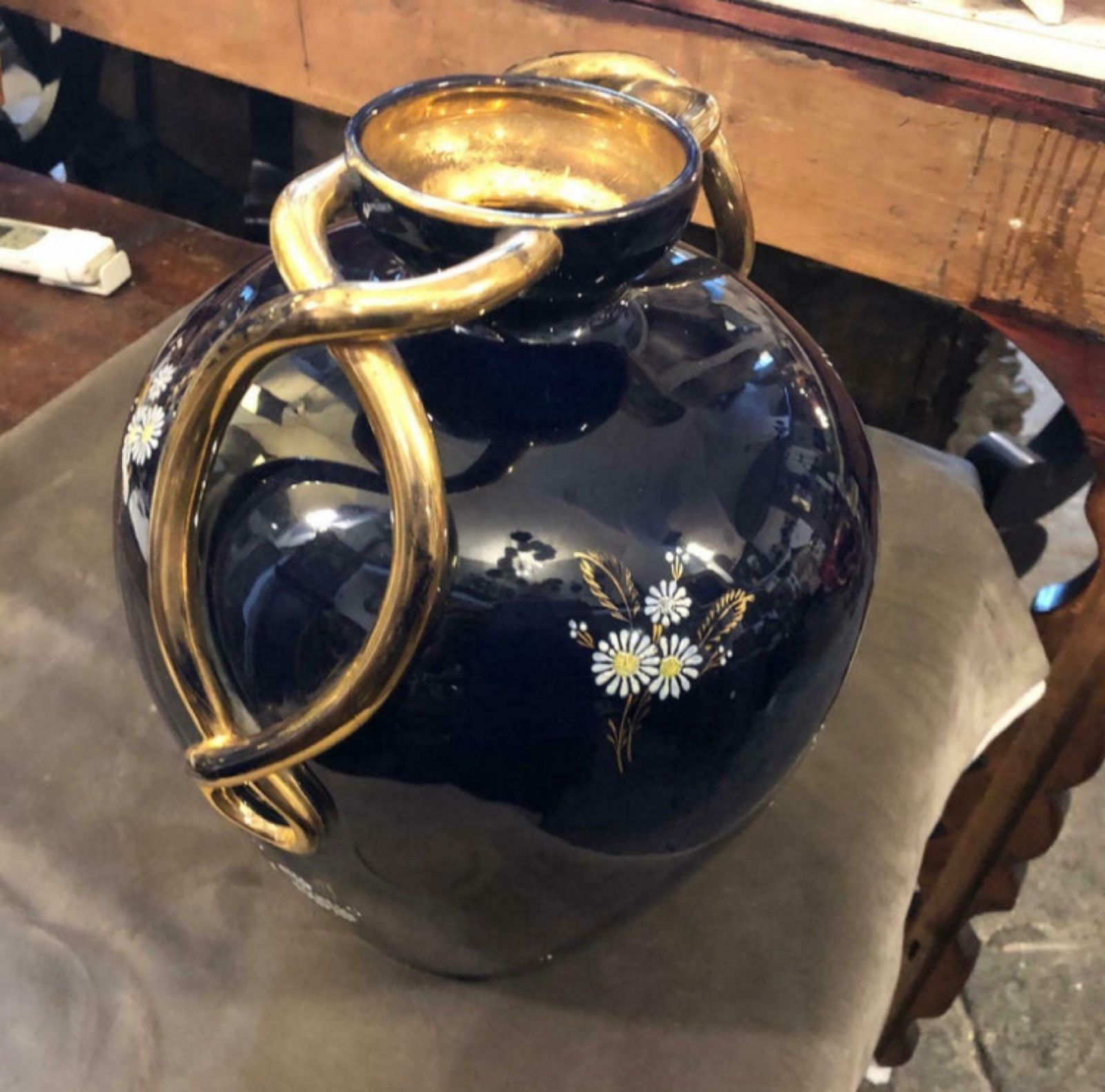 1950s Huge Mid Century Modern Blue And Gold Ceramic Italian Vase photo vinterior