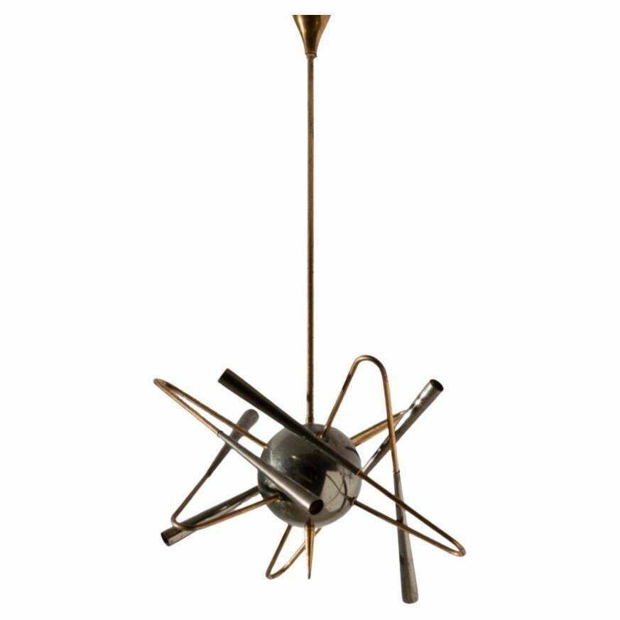 Stilnovo “ Cosmo “ Chandelier Metal Crome Brass 1950 Italy