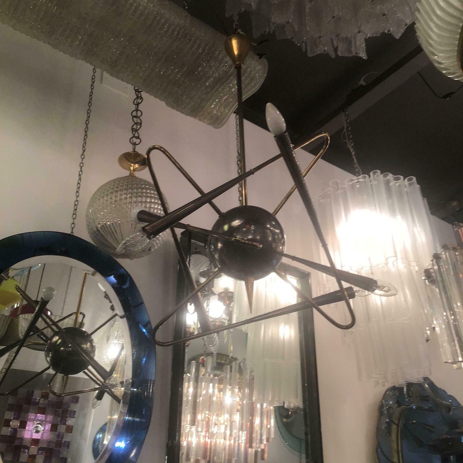 Stilnovo “ Cosmo “ Chandelier Metal Crome Brass 1950 Italy photo Lighting