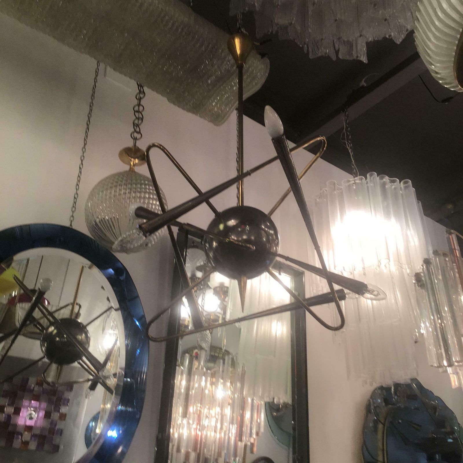 Stilnovo “ Cosmo “ Chandelier Metal Crome Brass 1950 Italy photo buy