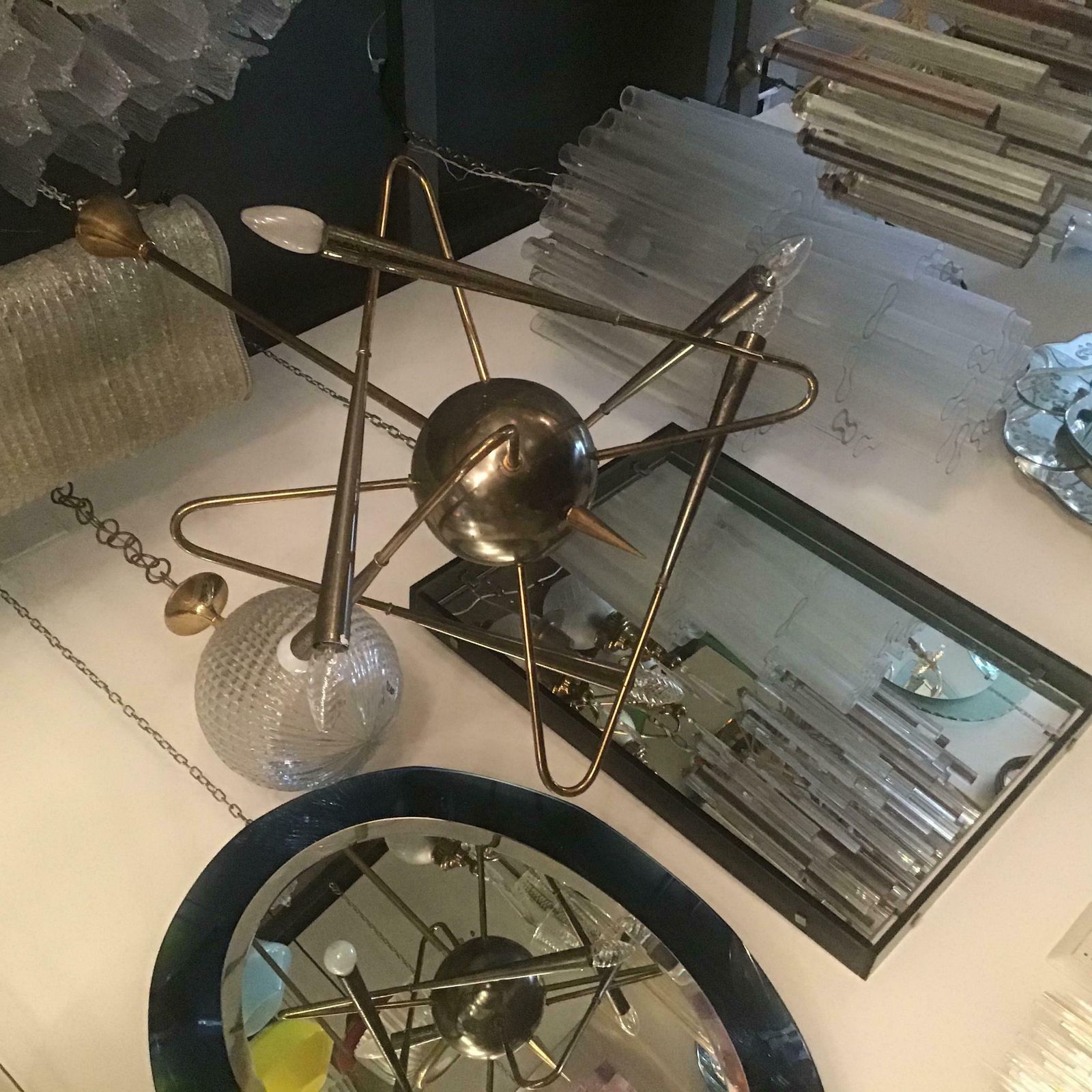 photo for sale Stilnovo “ Cosmo “ Chandelier Metal Crome Brass 1950 Italy