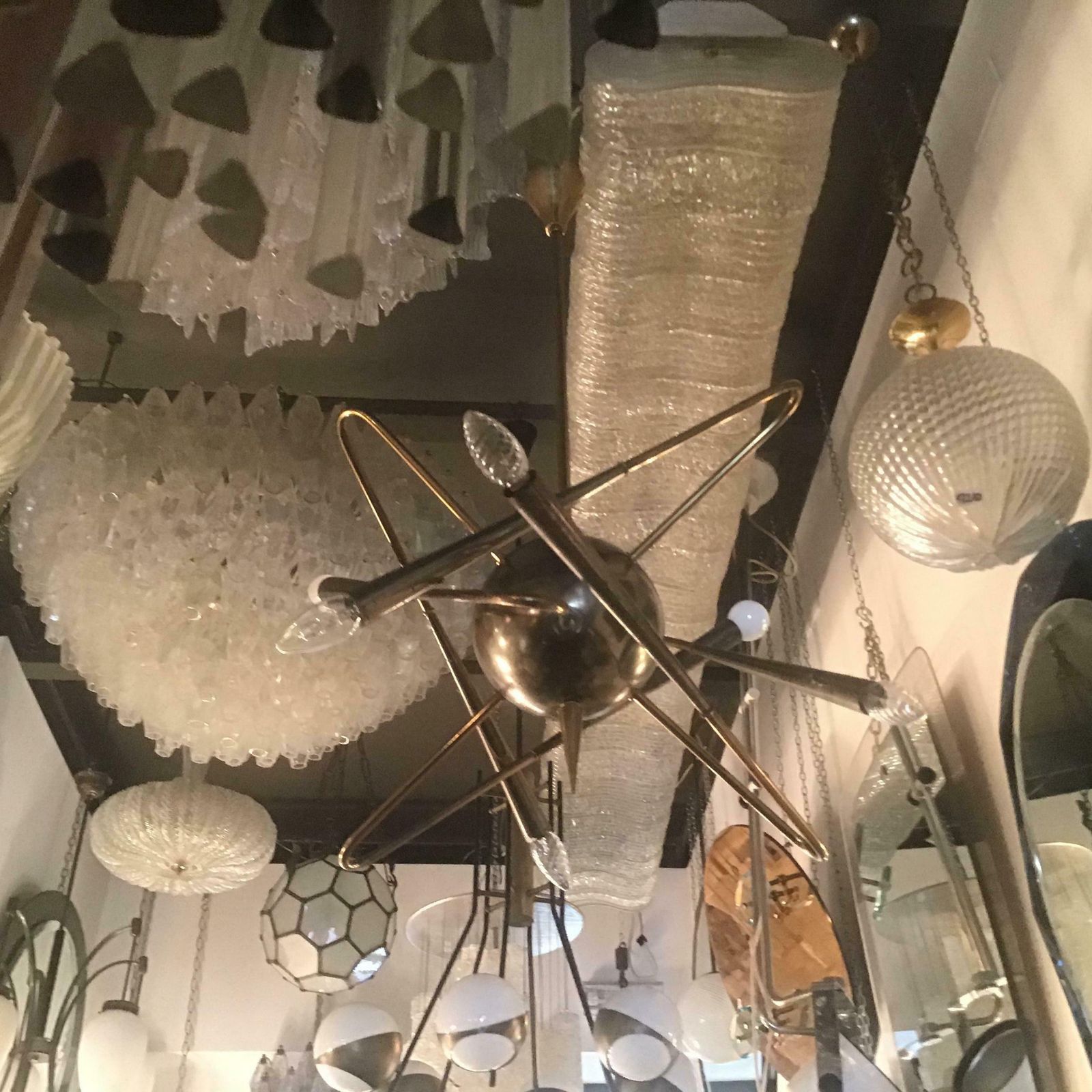 photo vinterior Stilnovo “ Cosmo “ Chandelier Metal Crome Brass 1950 Italy