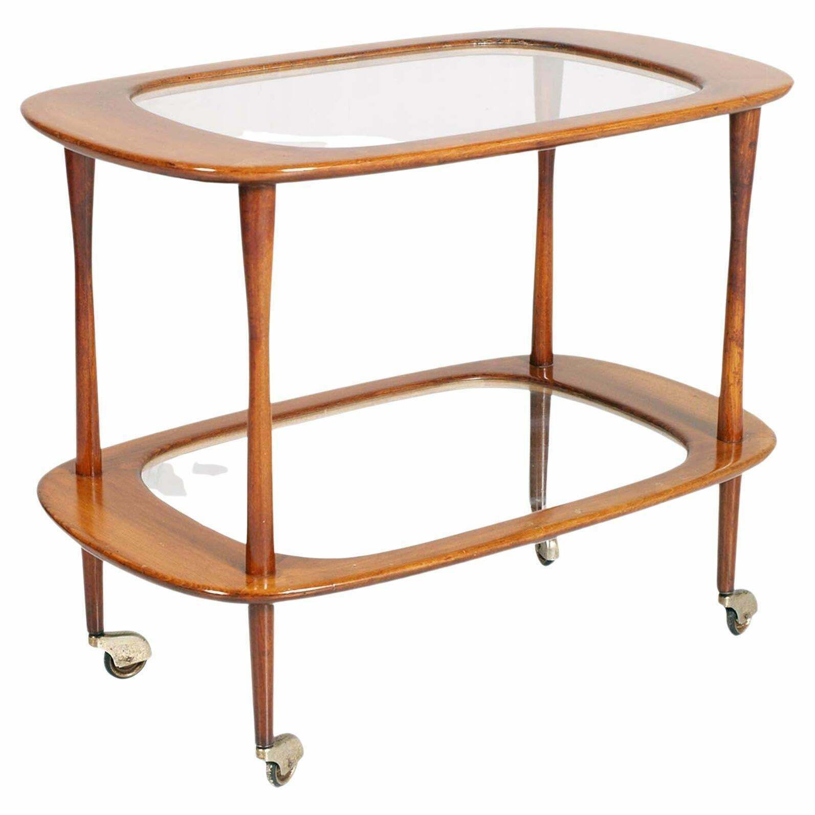 Mid Century Service Cart By Cesare Lacca For Cassina, In Teack , Cristal Tops