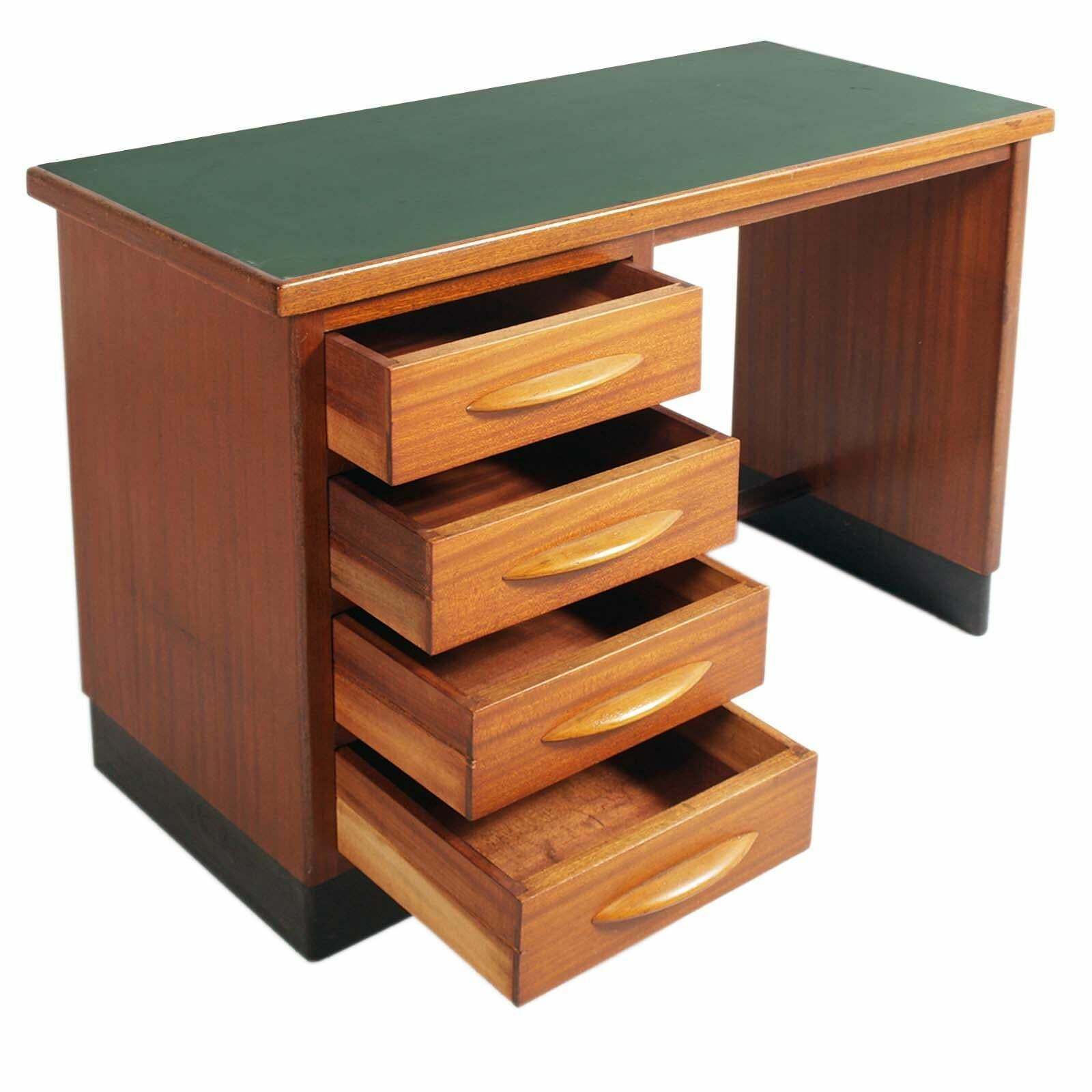 1930s, Italian Art Deco Desk Writing Table Four Drawers In Blond Walnut photo for sale