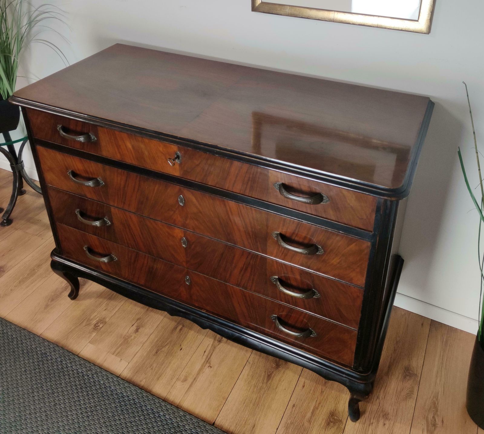 Italian Mid Century Modern Wood And Brass Commode Dresser Chest Of 4 Drawers photo buy