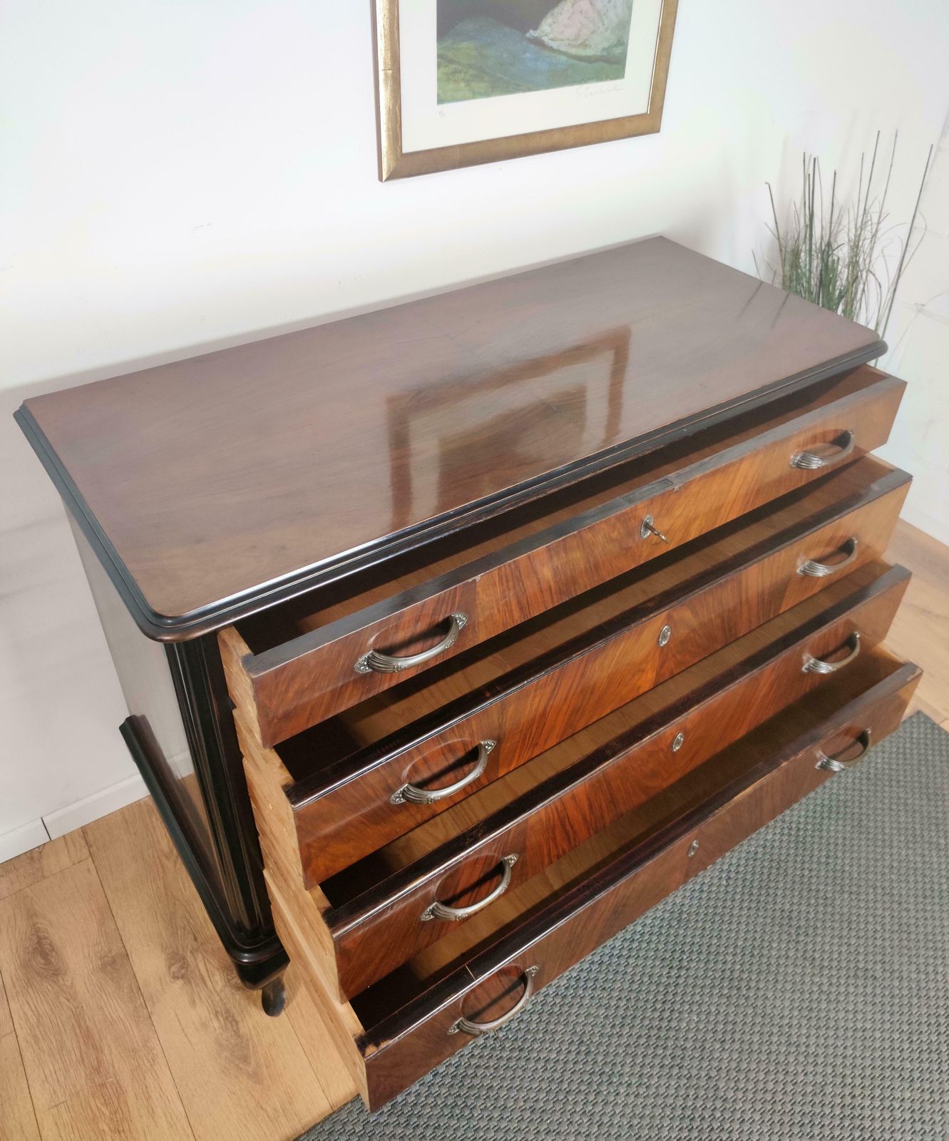 Italian Mid Century Modern Wood And Brass Commode Dresser Chest Of 4 Drawers photo vintage