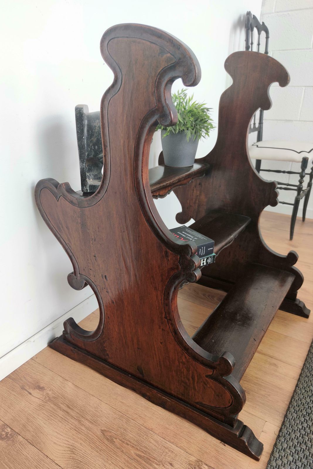Antique Italian Carved Walnut Wood Large Wood 3 Step Library Ladder photo vinterior