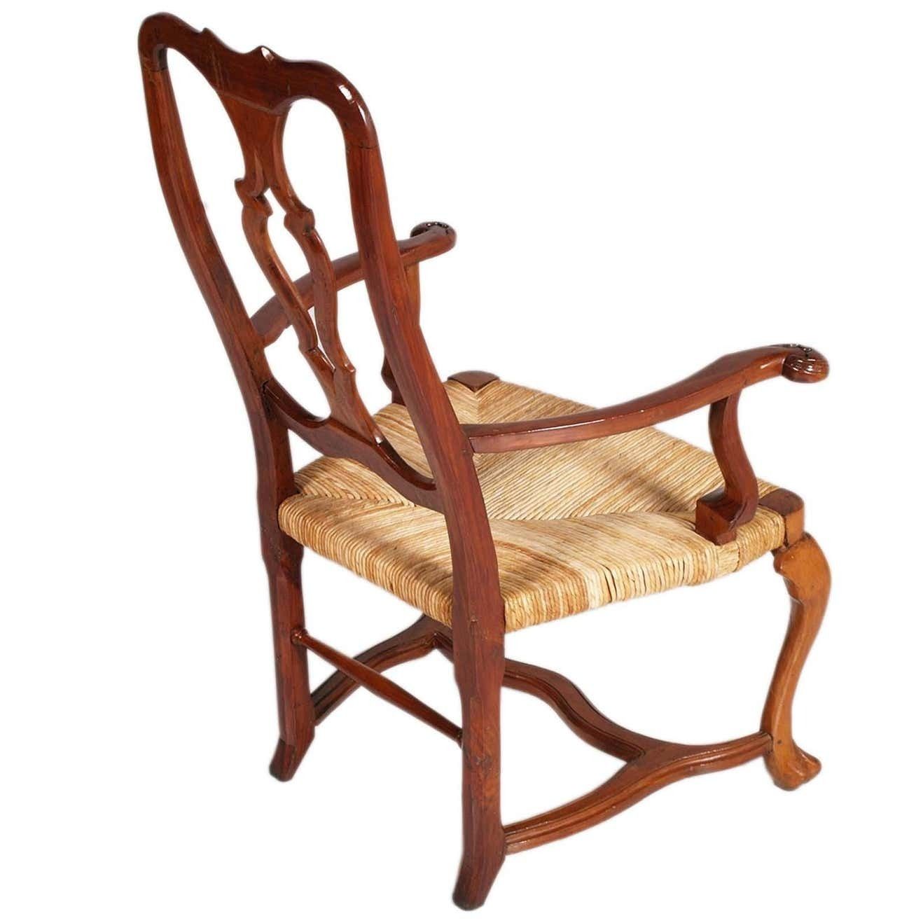 19th Century Venetian Baroque Armchairs Hand Carved Walnut, Wax Polished, Straw photo for sale