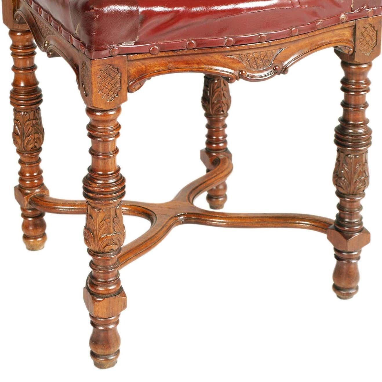 1880s Italian Chairs Neoclassic Eclectic Hand Carved Walnut Leather Upholstered photo vintage