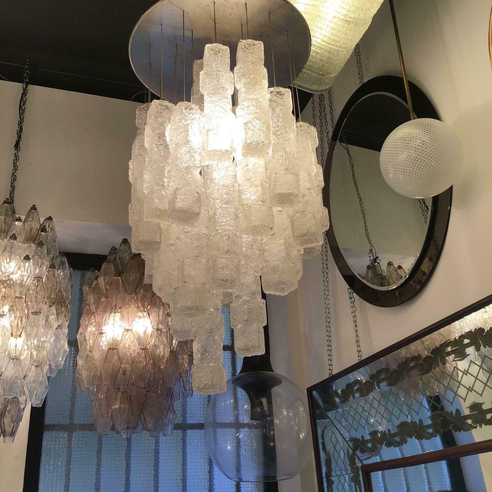 Zero Quattro Chandelier Murano Glass Metal Crome 1955 Italy photo vintage