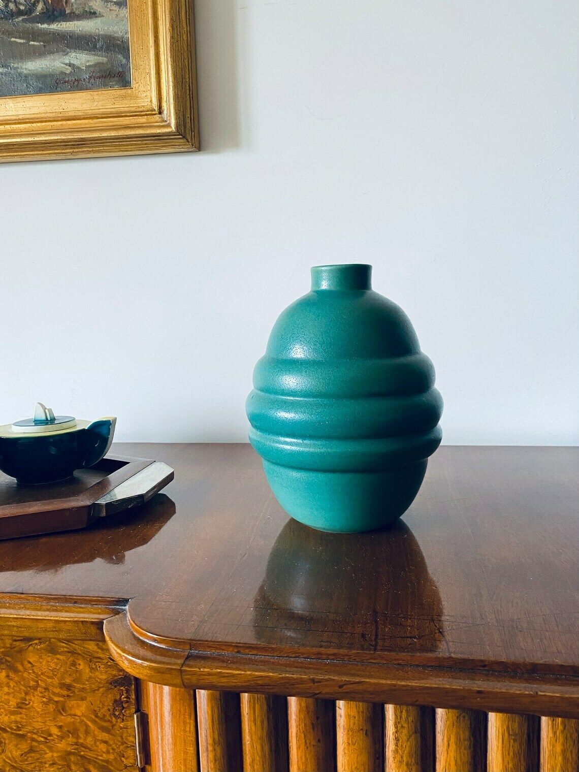 Art Déco Turquoise Faience Vase, France 1940s photo for sale