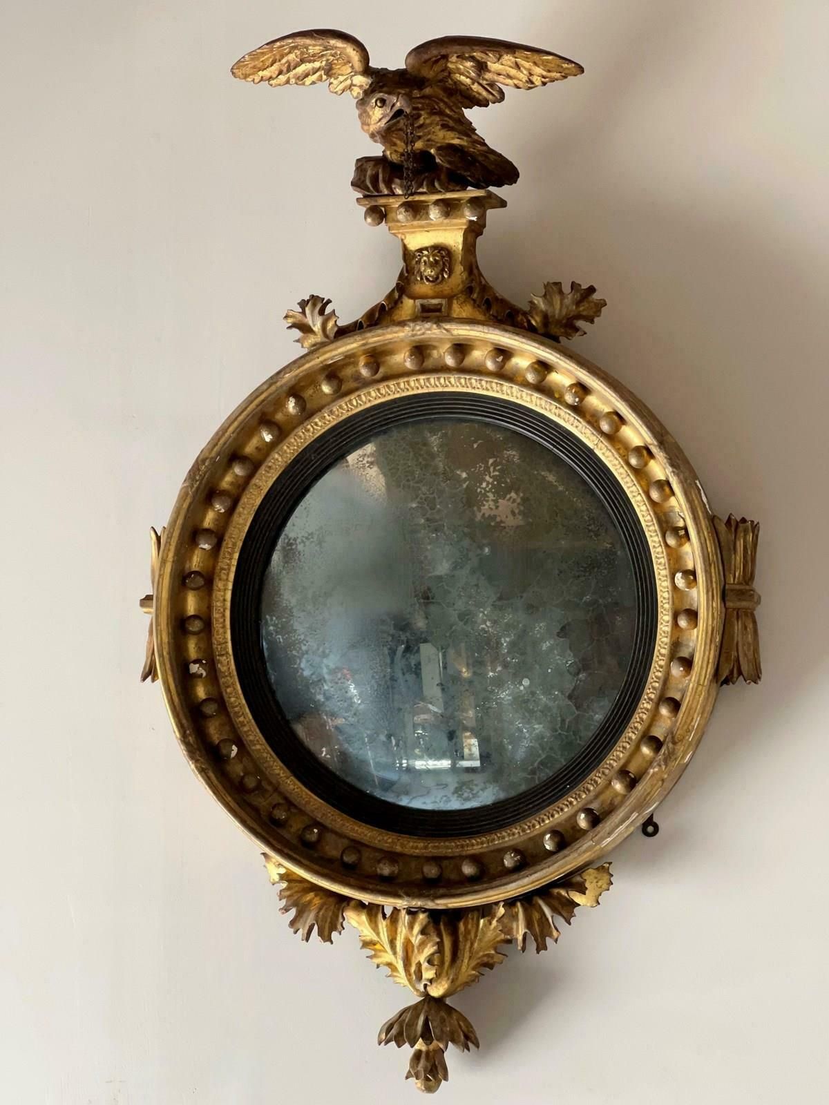 Regency Carved Giltwood Convex Wall Mirror photo vintage