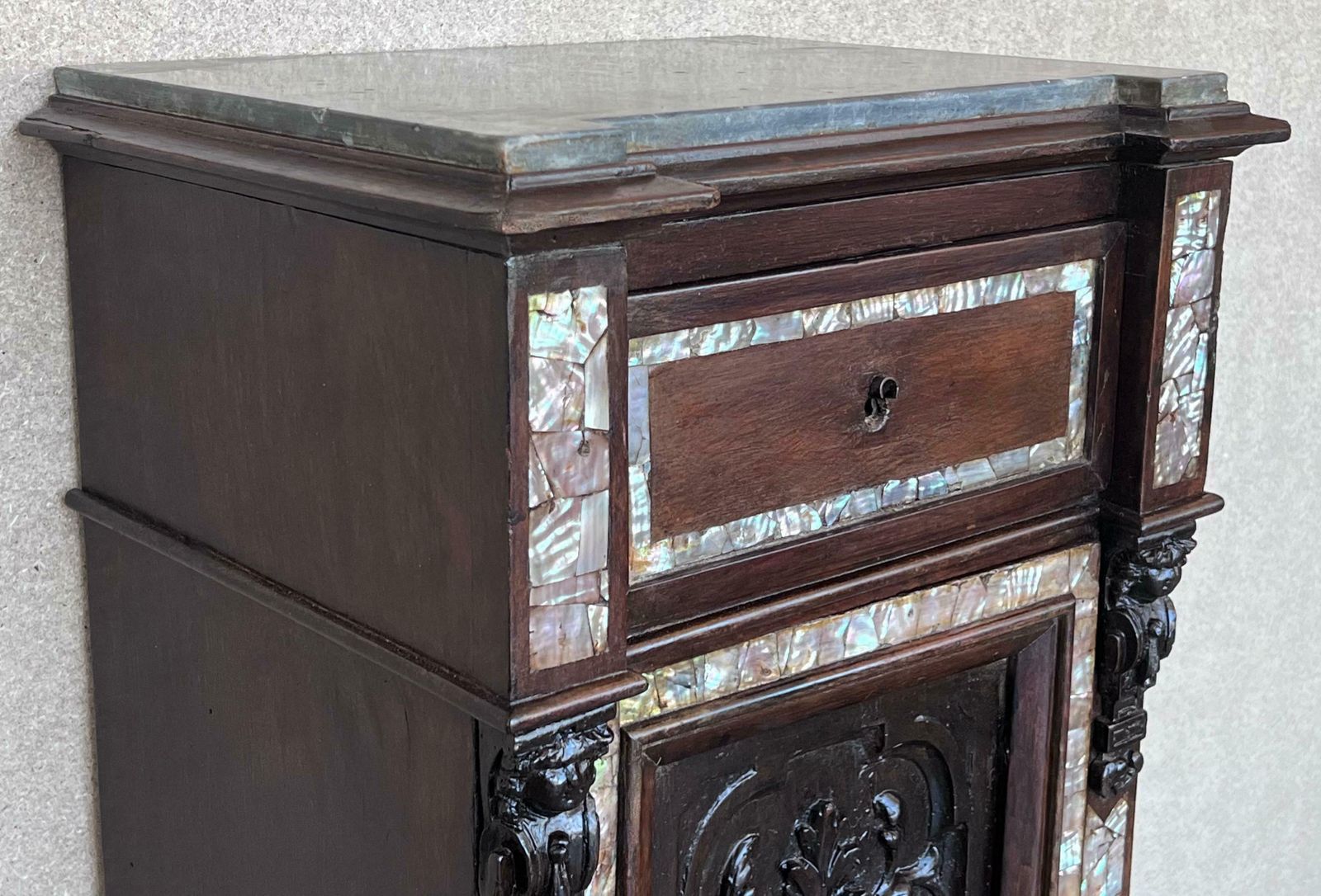 photo for sale 18th Pair Of Spanish Walnut Nightstands With Marble Top And Inlays