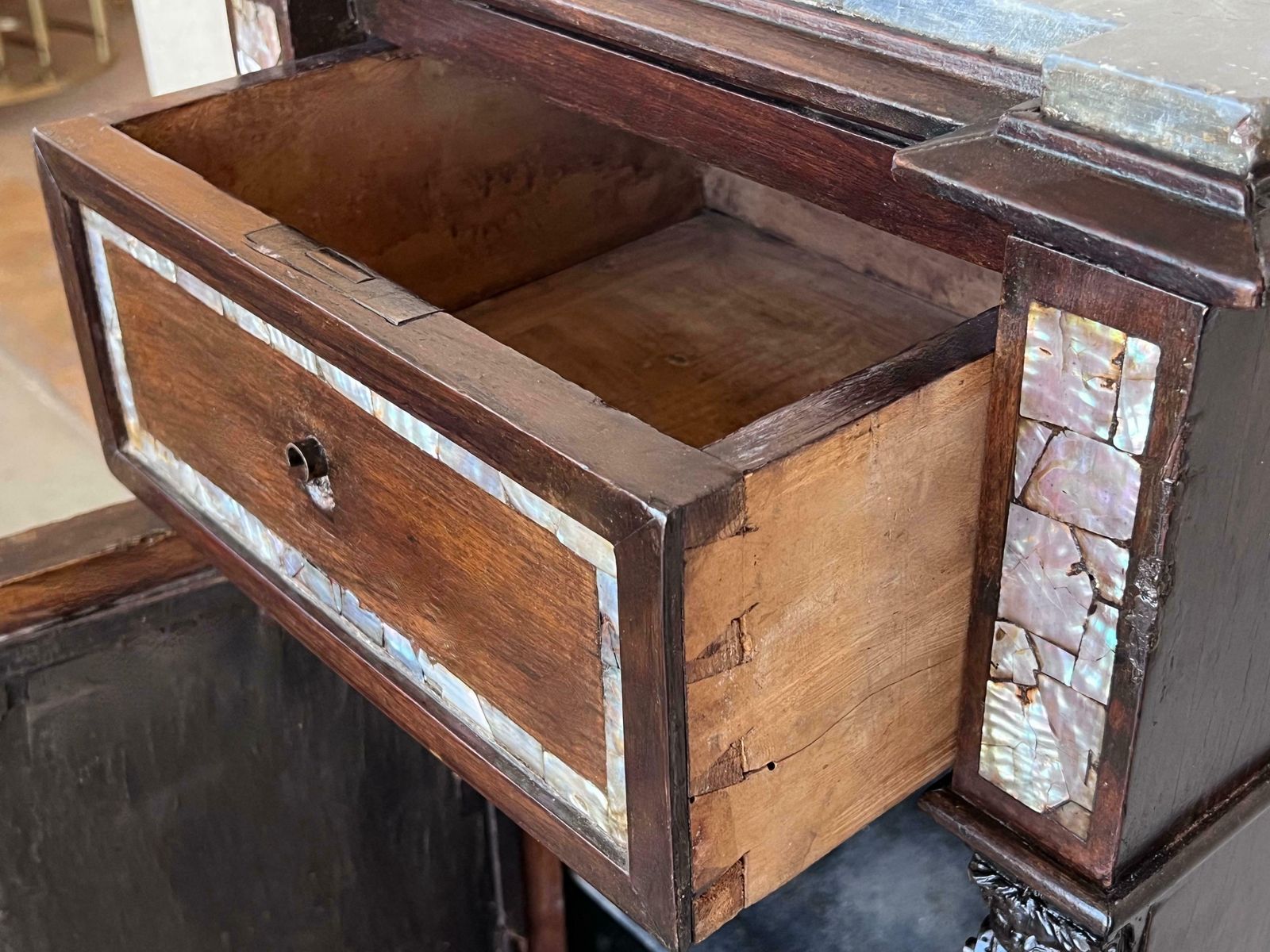 8344.0 18th Pair Of Spanish Walnut Nightstands With Marble Top And Inlays photo