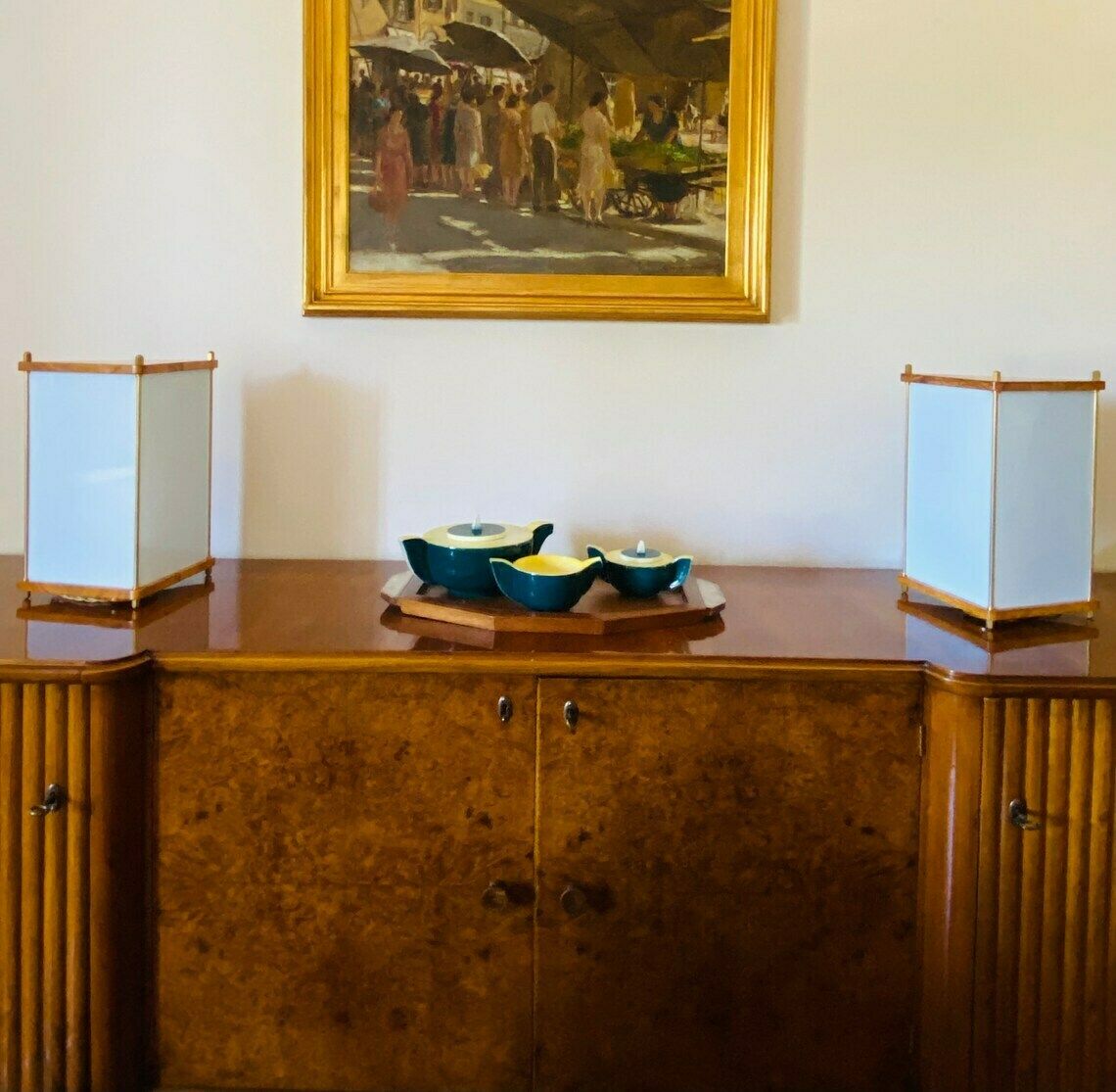 photo for sale Leonardo Mosso, 2 Palisander And Brass Table Lamps, Italy 1970s