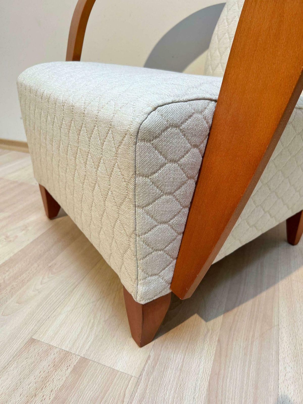 2006.4 Spanish Design Club Chair, Beech, Plywood, Cream Quilt Fabric, 1990s photo