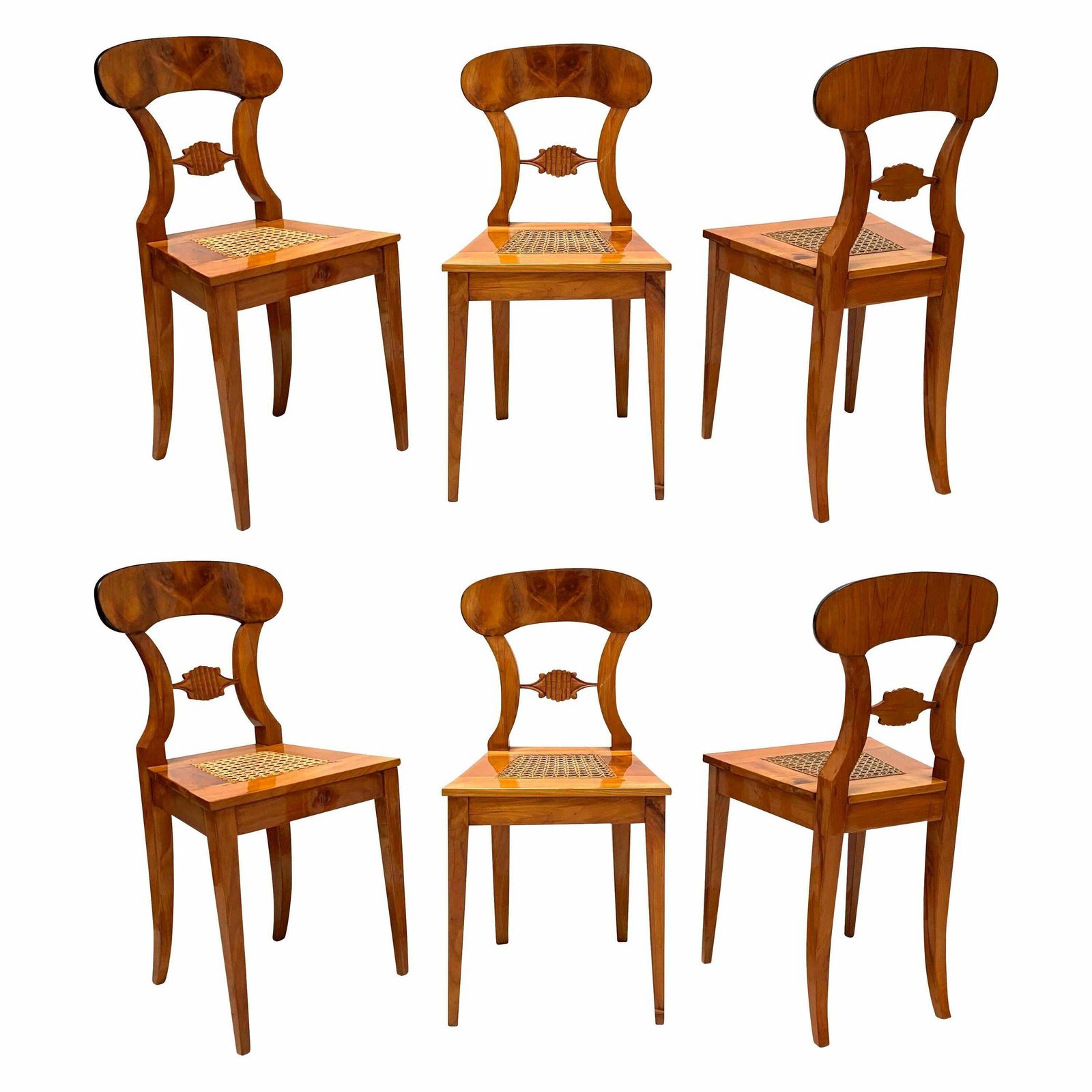 Set Of Six Biedermeier Board Chairs, Cherry Wood And Mesh, Vienna, Circa 1830