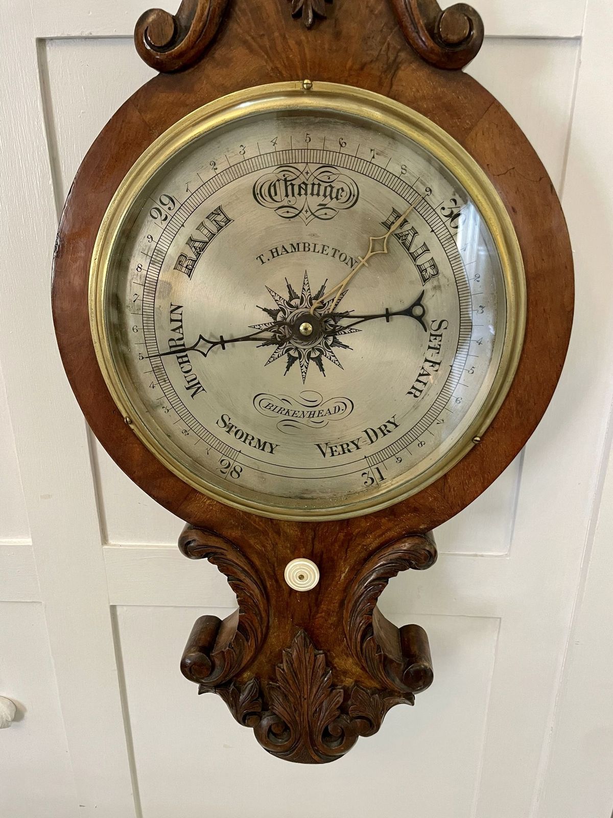Quality Antique Burr Walnut Carved Banjo Barometer photo vintage