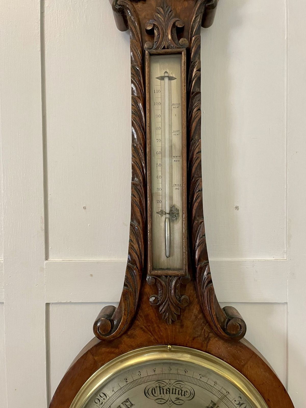 photo furniture Quality Antique Burr Walnut Carved Banjo Barometer