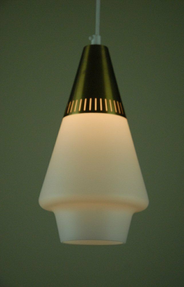 Opaline Glass And Brass Pendant Lamp For Asea Belysning Sweden, 1960s photo Lighting