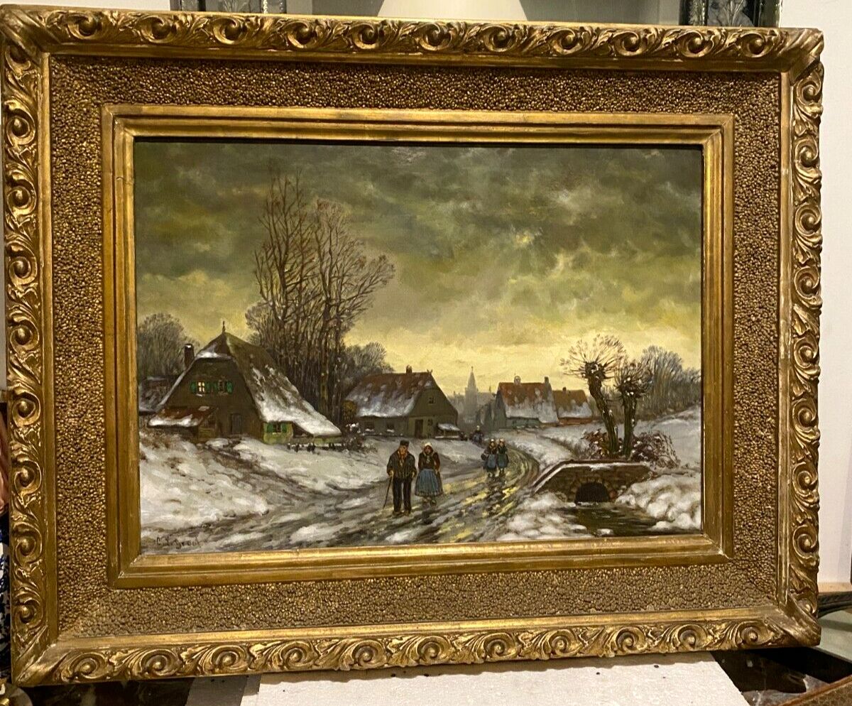 Oil On Canvas "Snowy Village Animated By Characters" XX Century photo furniture
