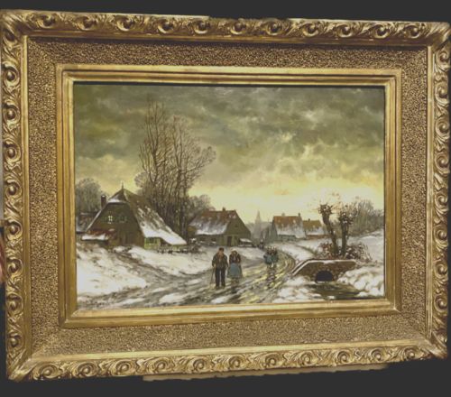 Oil On Canvas "Snowy Village Animated By Characters" XX Century photo 1099.2393375000001