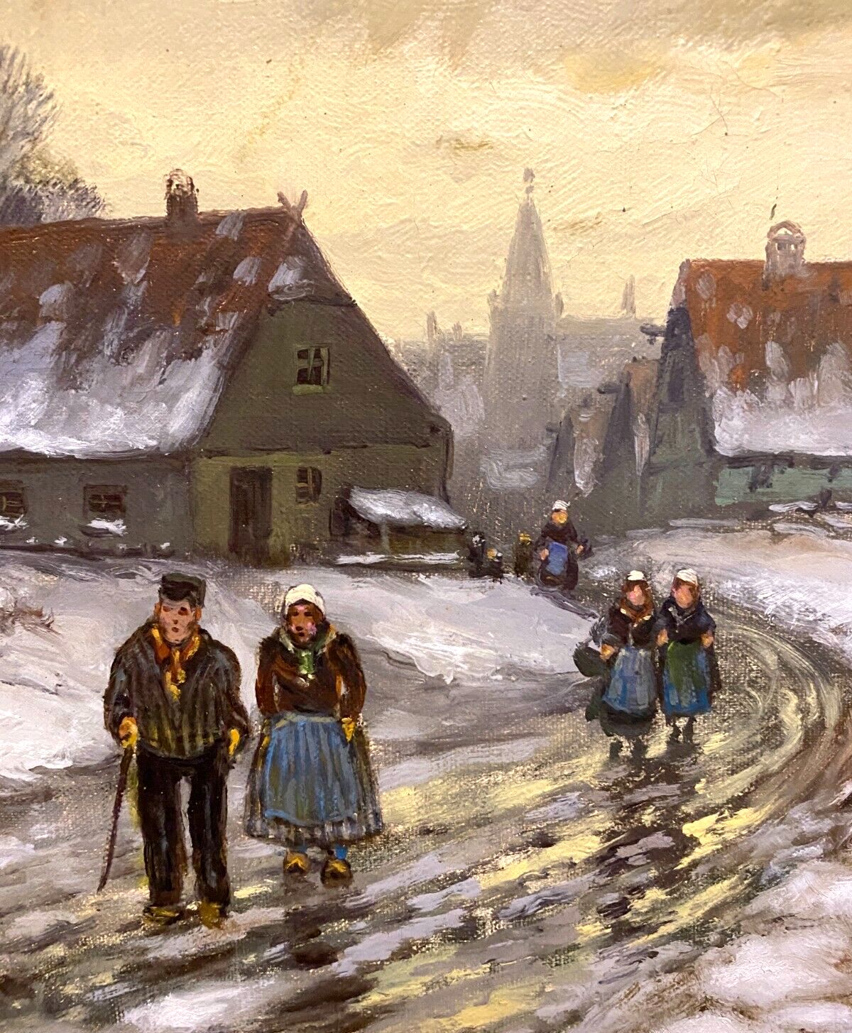 photo furniture Oil On Canvas "Snowy Village Animated By Characters" XX Century