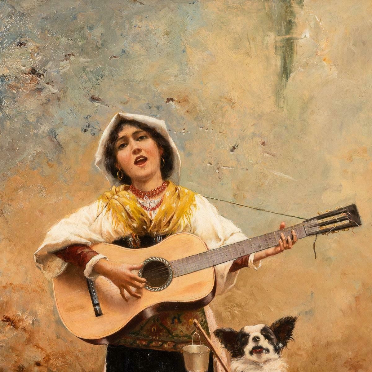 Oil On Board Of A Woman Playing Guitar, Signed By José Echena (Spain 1845 1909) photo for sale