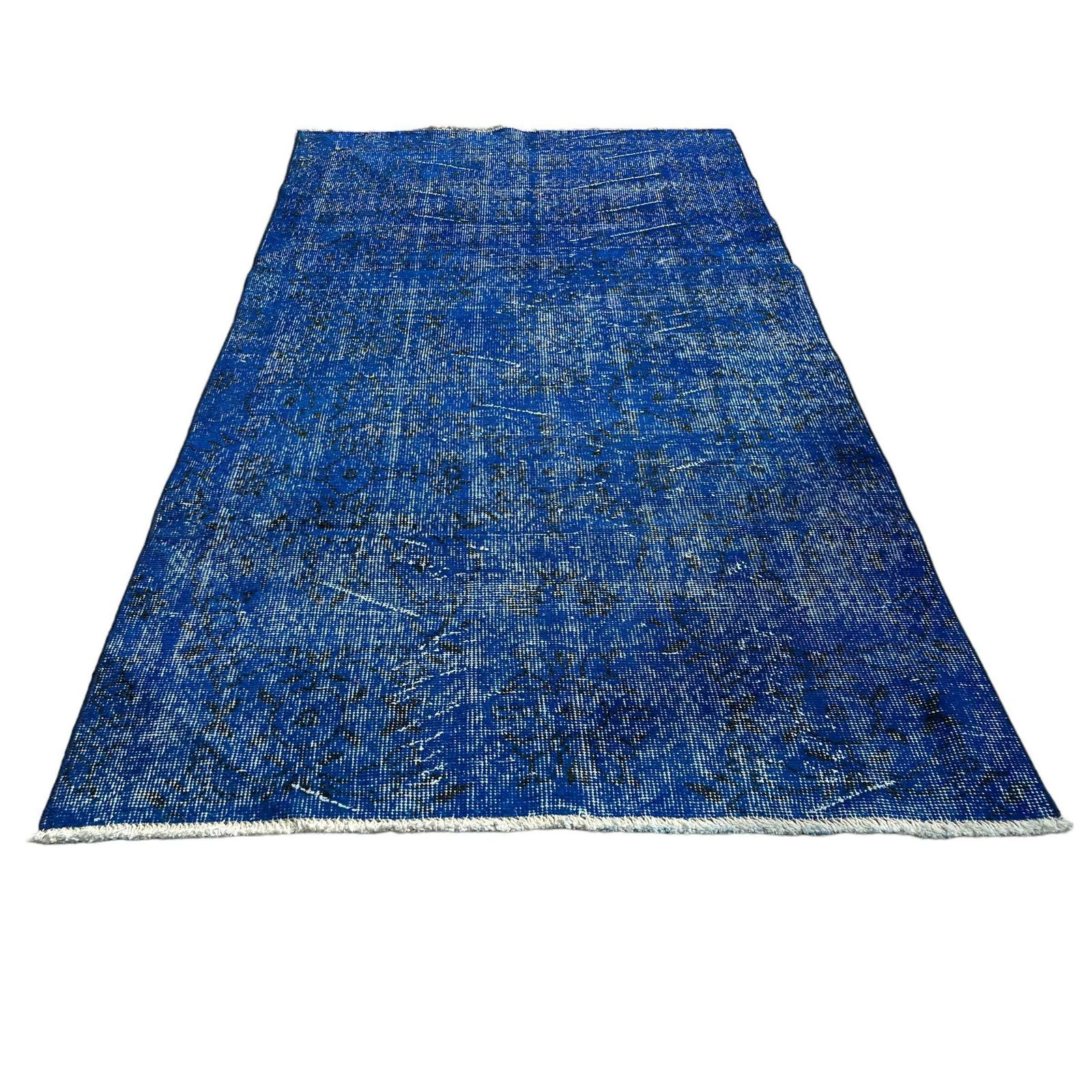 Distressed Turkish Rug Wool Vintage Rug, Over Dyed Blue