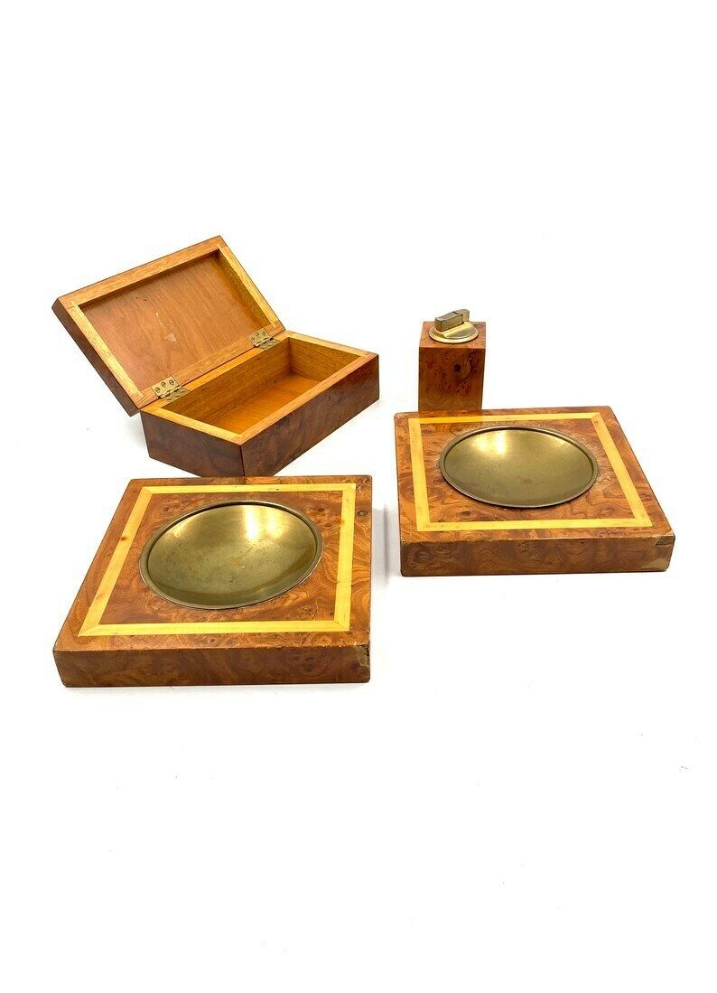 Smoking Set, Brass And Wood Ashtrays, Lighter And Cigars Box, Italy 1970 photo for sale