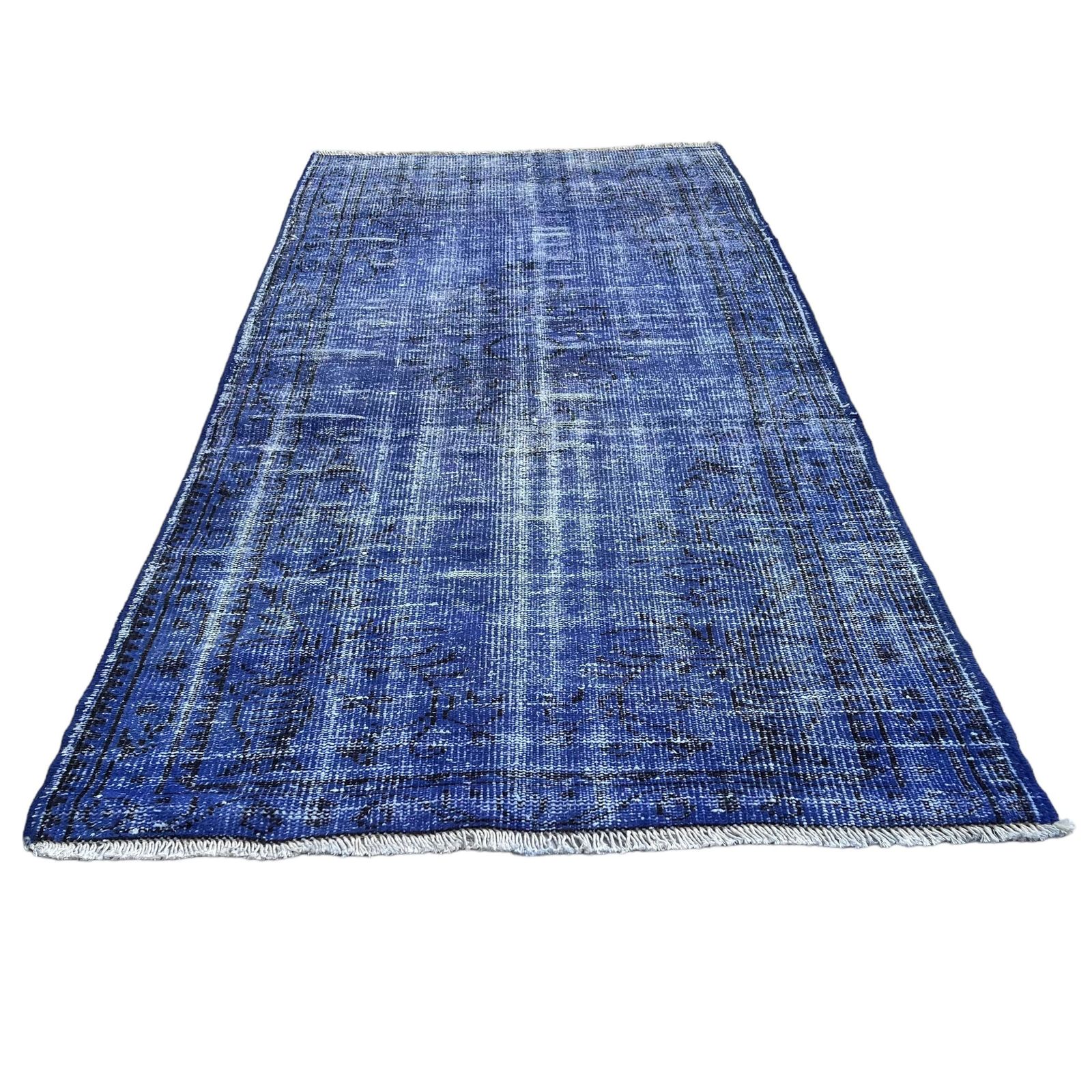 Distressed Turkish Rug Wool Vintage Rug, Over Dyed Blue