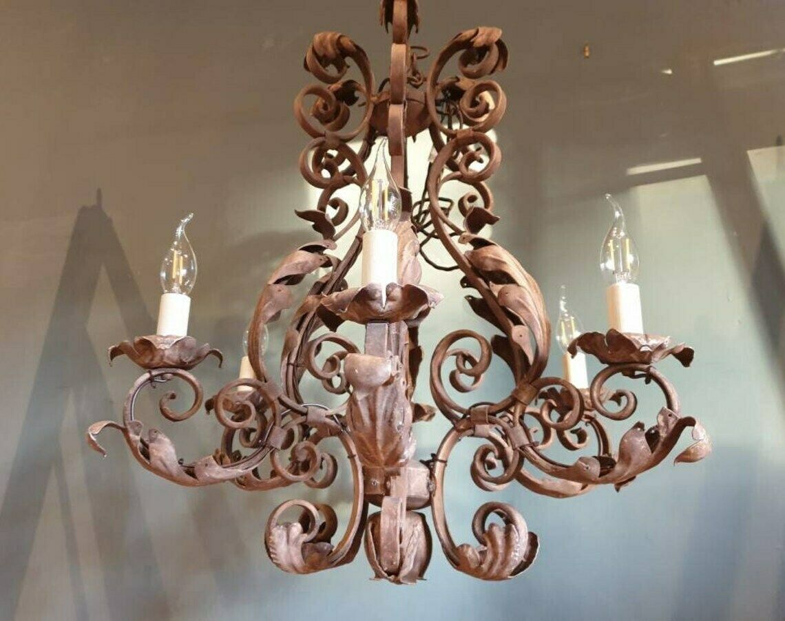 photo for sale A Stunning French Painted Iron, Six Branch Chandelier. 1930s